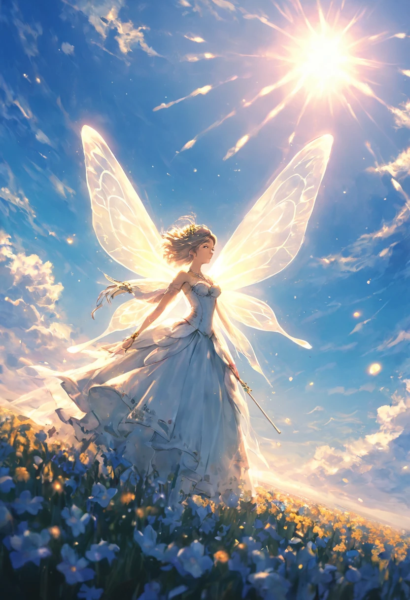 Blue sky, white clouds floating in the distance, a standing on a flower sea, holding a fairy wand in her hand to summon flying fireflies around her. The background is full of large and small cloud flowers, creating an atmosphere of fantasy and dreamy blue tones. In the style of a high definition anime, with high resolution. A panoramic view from above, capturing the vastness of nature. Soft lighting creates a warm feeling.