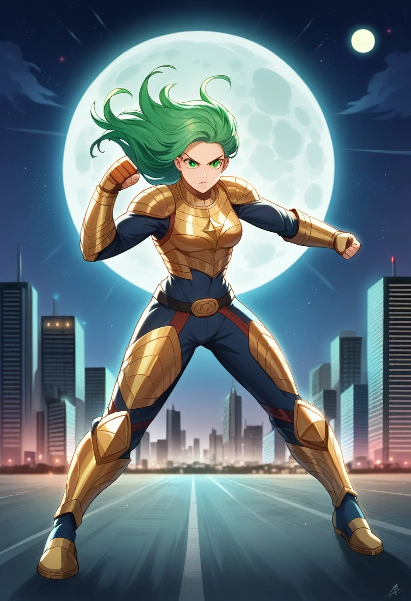 (Masterpiece, 4k resolution, ultra-realistic, very detailed), (Theme of knights of the zodiac, charismatic, there is a girl at the top of the city, wearing a golden gold armor Sagittarius knight, she is a superhero), [ ((20 years), (long green hair:1.2), full body, (green eyes:1.2), ((fighting pose),show of strength), ((sandy urban environment):0.8)| (cityscape, at night, dynamic lights), (full moon))