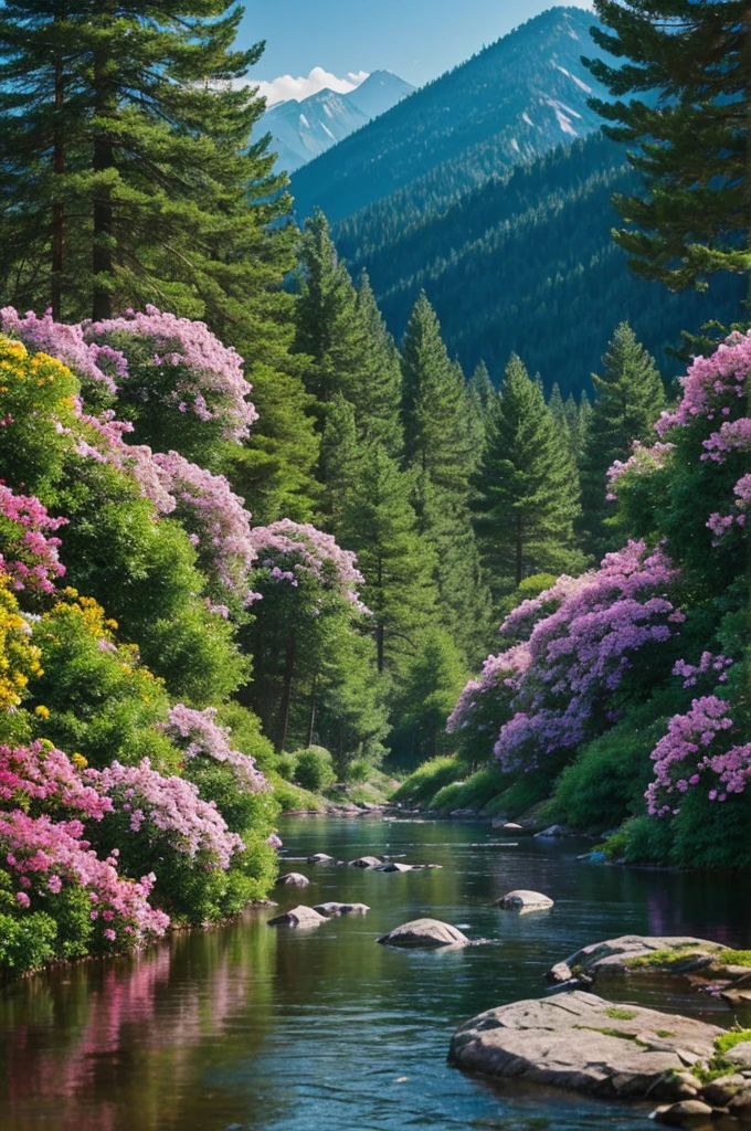 Create a mountainous forest with trees with water around them and flowers