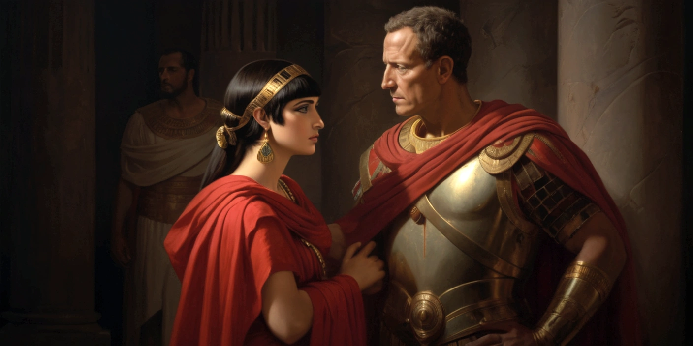 Renaissance painting of Cleopatra and Julius Caesar, side by side, Cleopatra is powerless and does not bow down to any man, Julio Caesar looks like a bearded man, wearing his red cape, Cleopatra exudes beauty with her iconic clothes and jewelry.