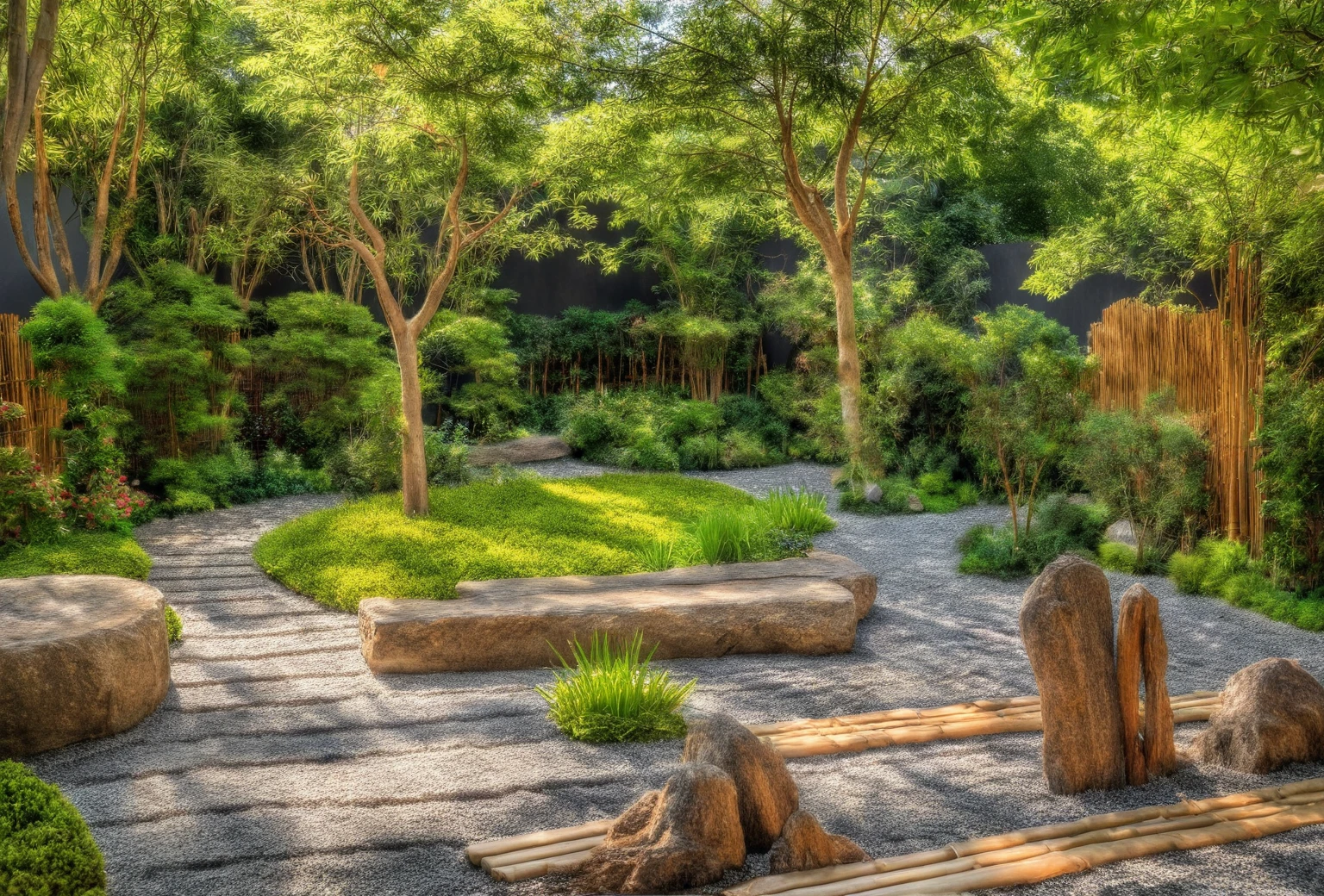 zengarden,aiaigroup, outdoors, garden,tree, , rock, stone, flower, daylight, japan style,bamboo,White sand,Beautiful garden landscape, meditation, peace