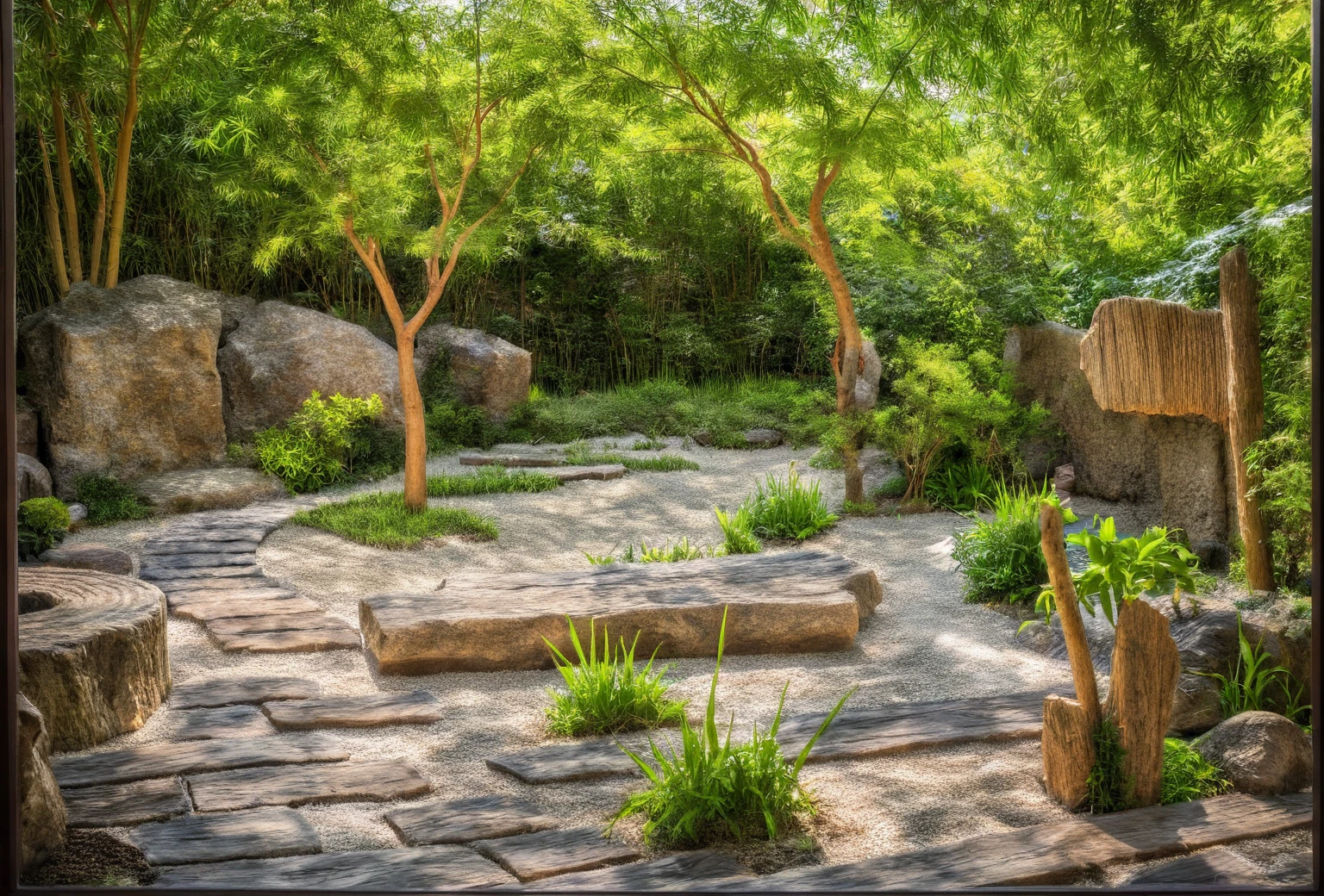 zengarden,aiaigroup, outdoors, garden,tree, , rock, stone, flower, daylight, japan style,bamboo,White sand,Beautiful garden landscape, meditation, peace