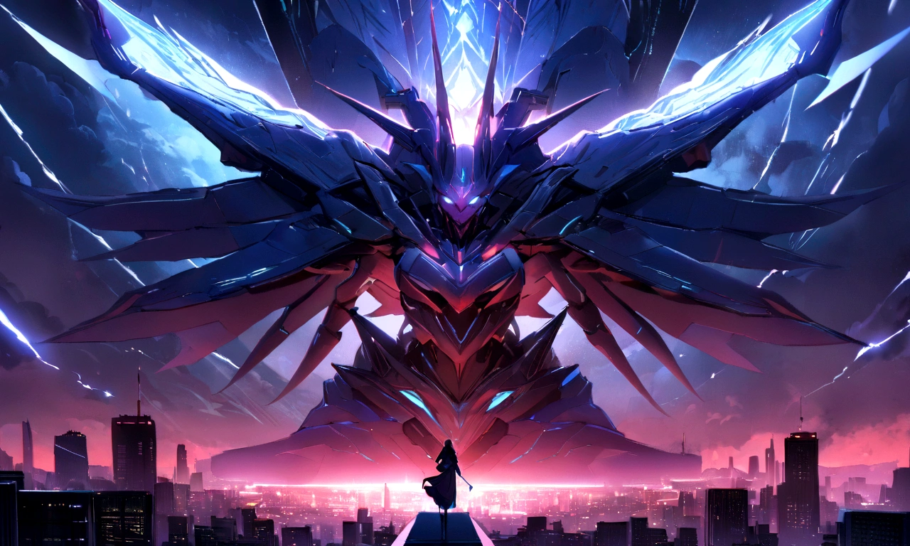 ((masterpiece, Highest quality, Best image quality, High resolution))Giant lion demon、Shimmering Mane、 Glowing blue eyes and advanced cybernetic enhancements. Giant lion demonはダイナミックなアクションポーズで見られます, Neon-lit rooftop, reflection on a smooth surface. The cityscape below is filled with towering skyscrapers., Shining with blue energy, Mighty power.Great figure、 The overall atmosphere is dark and mysterious., It had a futuristic techno vibe.. The lighting is dramatic, Intense highlights and deep shadows, Creates depth and tension. Color Palette、Dark clouds gather in the sky、