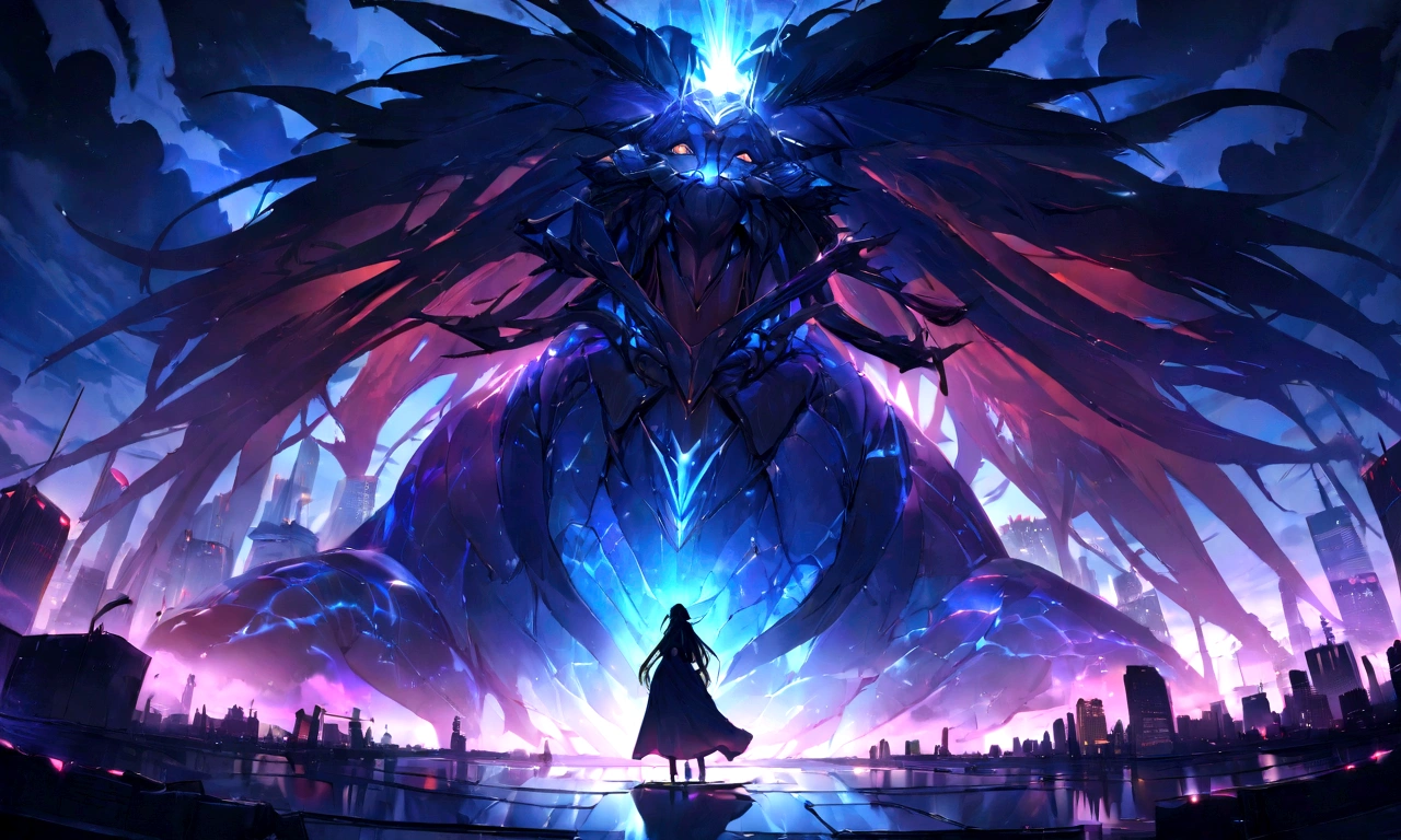 ((masterpiece, Highest quality, Best image quality, High resolution))Giant lion demon、Shimmering Mane、 Glowing blue eyes and advanced cybernetic enhancements. Giant lion demonはダイナミックなアクションポーズで見られます, Neon-lit rooftop, reflection on a smooth surface. The cityscape below is filled with towering skyscrapers., Shining with blue energy, Mighty power.Great figure、 The overall atmosphere is dark and mysterious., It had a futuristic techno vibe.. The lighting is dramatic, Intense highlights and deep shadows, Creates depth and tension. Color Palette、Dark clouds gather in the sky、
