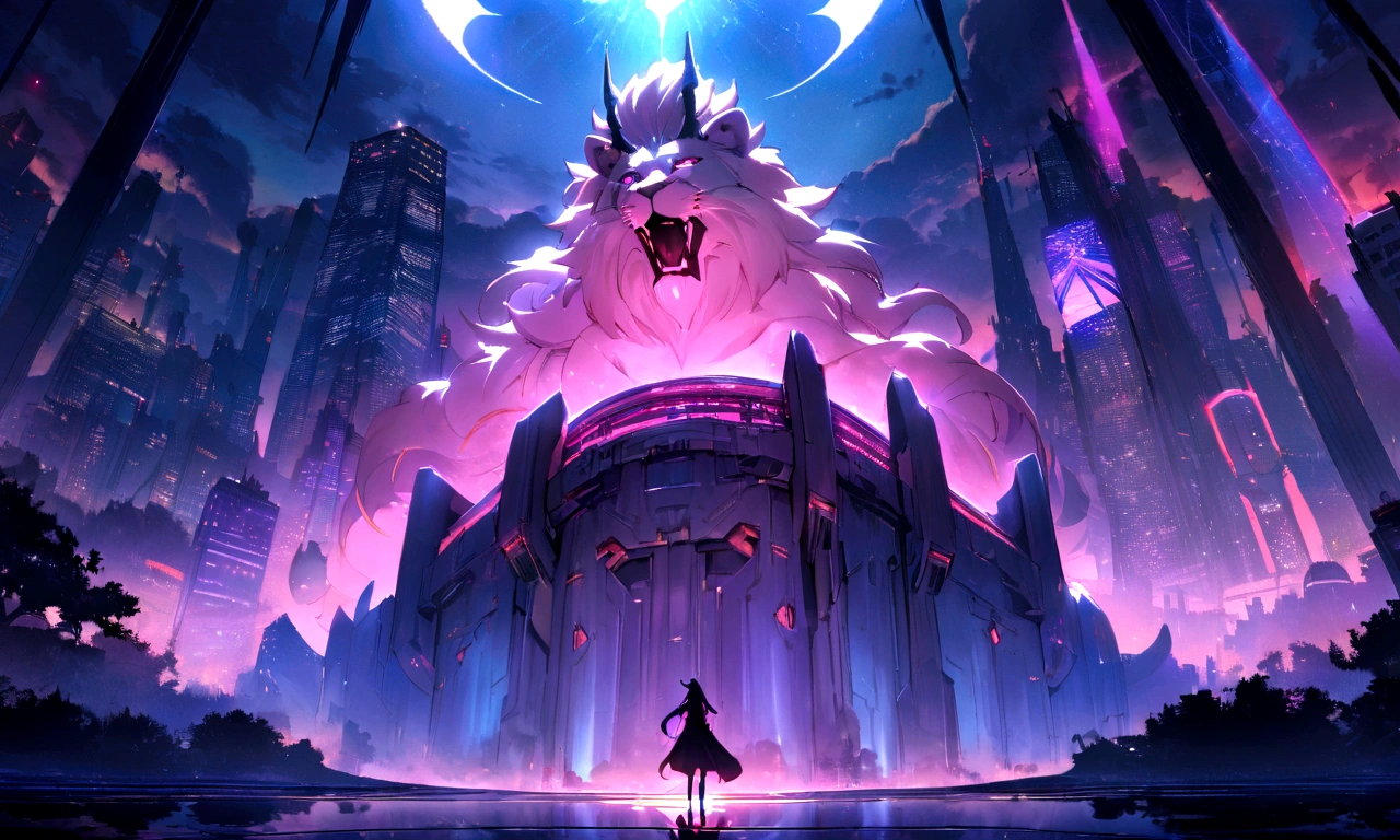 ((masterpiece, Highest quality, Best image quality, High resolution))Giant lion demon、Shimmering Mane、 Glowing blue eyes and advanced cybernetic enhancements. Giant lion demonはダイナミックなアクションポーズで見られます, Neon-lit rooftop, reflection on a smooth surface. The cityscape below is filled with towering skyscrapers., Shining with blue energy, Mighty power.Great figure、 The overall atmosphere is dark and mysterious., It had a futuristic techno vibe.. The lighting is dramatic, Intense highlights and deep shadows, Creates depth and tension. Color Palette、Dark clouds gather in the sky、