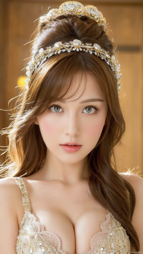 (lifelike, high resolution:1.3), 1 Ukrainian girl with perfect body, The face shape and eyes are super beautiful,Different hair accessories, random style:1.2, Big boobs,Showing cleavage