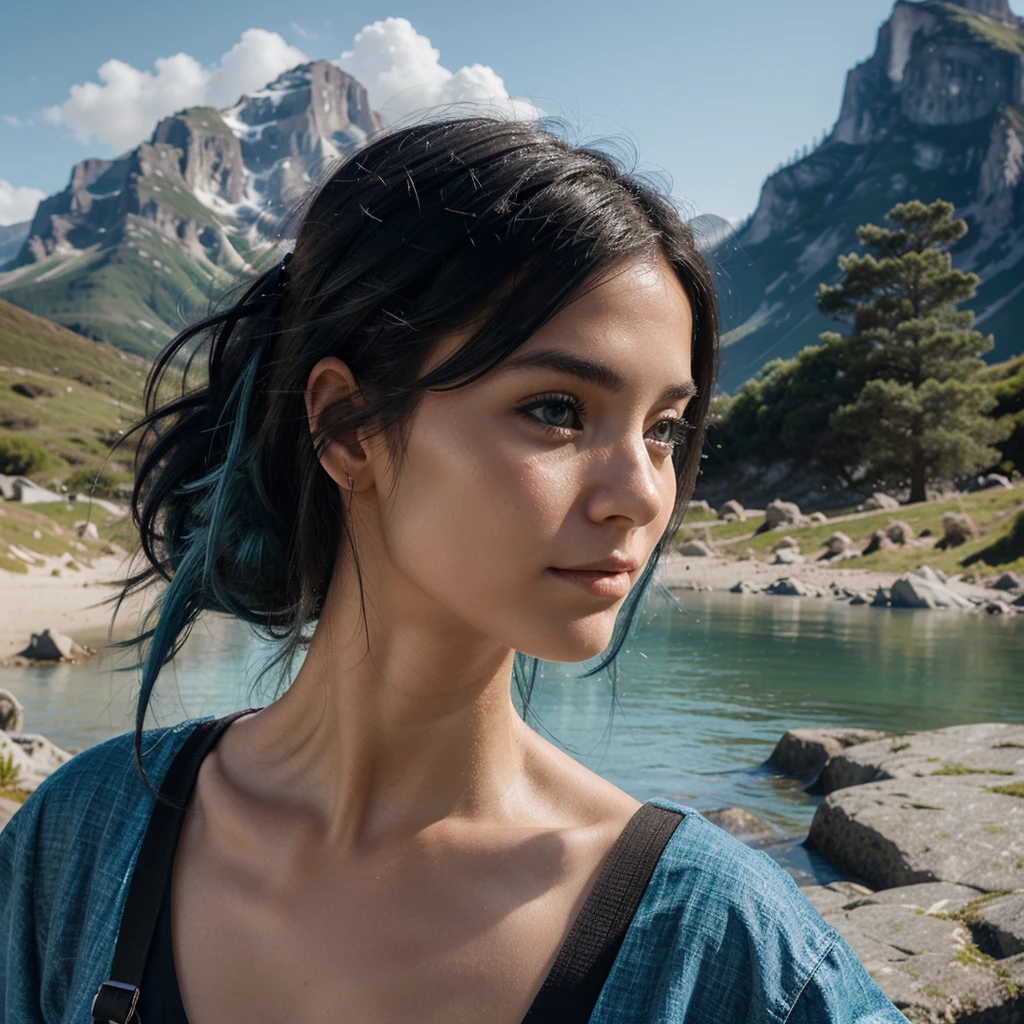 Create a photorealistic image of a 25-year-old girl with black hair and blue tips. The hairstyle is a long cascade. Imagine her in a beautiful natural landscape, perhaps on top of a mountain or on the ocean, surrounded by majestic nature. Let her stand confidently, with a look full of enthusiasm and thirst for adventure. Her pose should express the spirit of freedom and openness to new opportunities. The full-face face is turned and looks at the camera. The background should be bright and inspiring to emphasize the atmosphere of adventure and exploration.