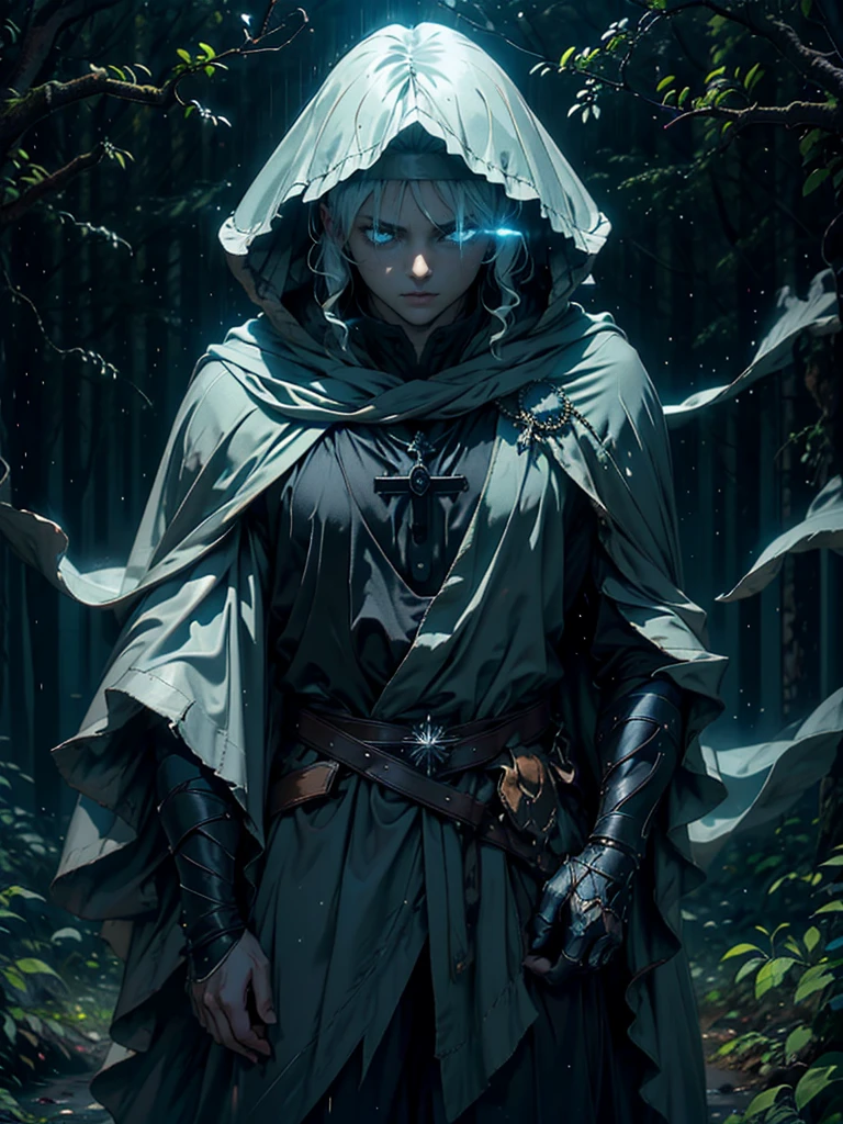 (Best Quality,ultra detailed), artificial raindrops falling, a man standing in the rain, white hair, blue eyes, detailed face(fail),dense forest landscape,majestic and serene nature, shining brightly in the night sky,black medieval outfit with pants glow in the moonlight, gentle style