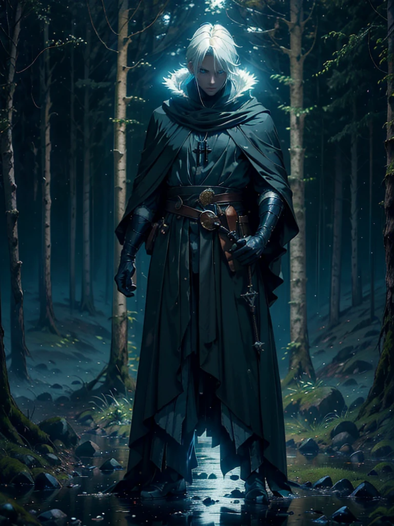 (Best Quality,ultra detailed), artificial raindrops falling, a man standing in the rain, white hair, blue eyes, detailed face(fail),dense forest landscape,majestic and serene nature, shining brightly in the night sky,black medieval outfit with pants glow in the moonlight, gentle style