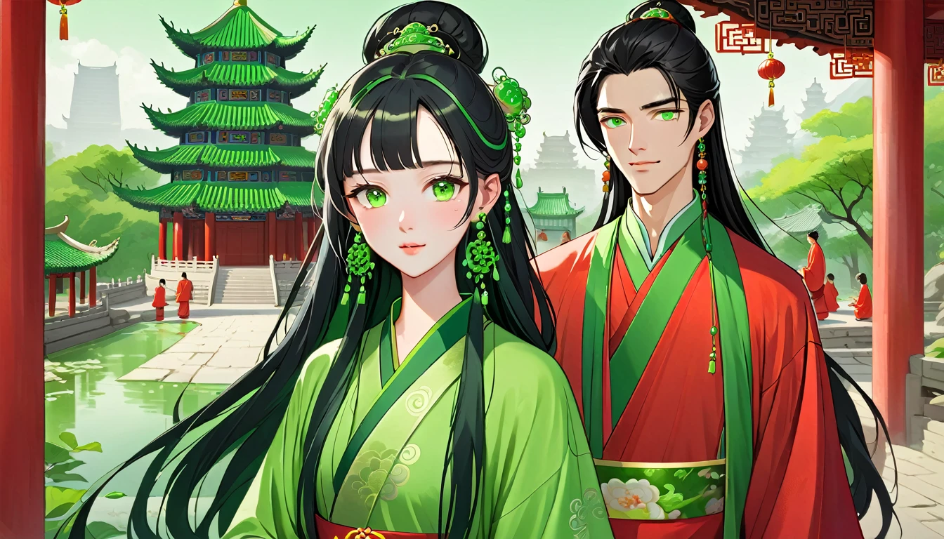 1 male and 1 female,ung Chinese woman named Eva,Oval face,Fair complexion,green eyes,Long wavy black hair,earring: green earrings,Wearing green traditional Chinese clothing,decorate:green necklace.green bracelet。1 yoman named Ben,Melon seed face,Pale complexion,Brown eyes,Wearing bright red traditional Chinese senior robes。They came to Leifeng Pagoda together。