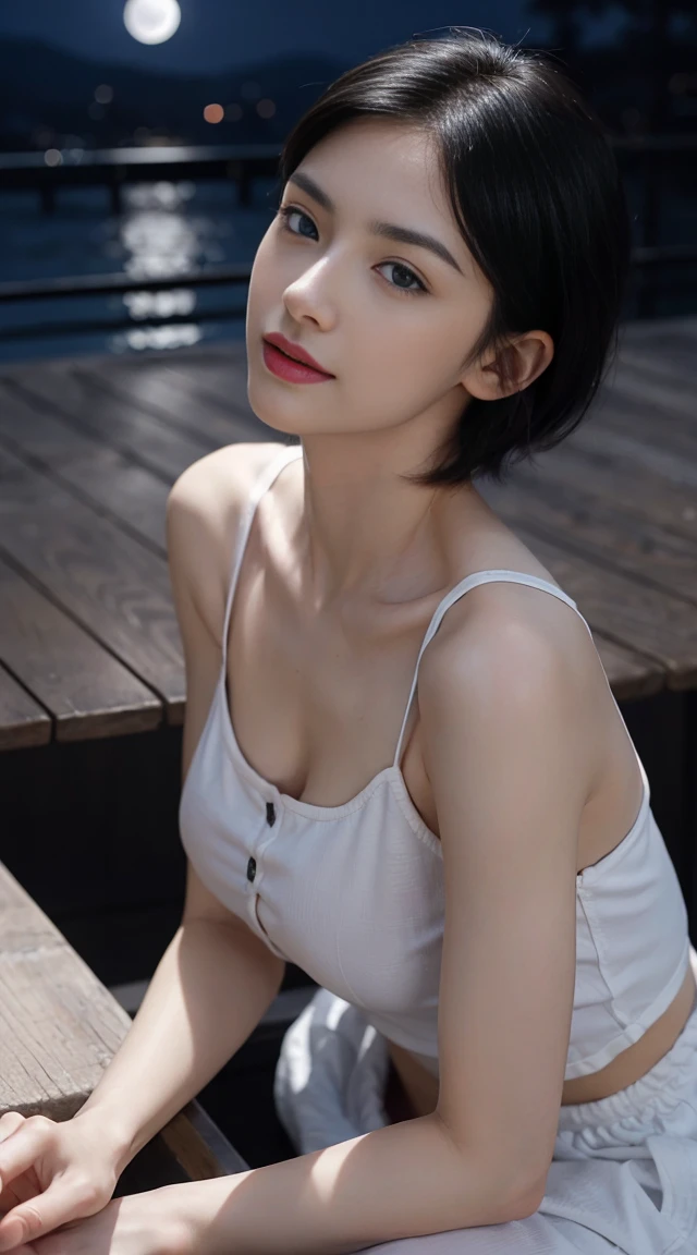 8K, Highest quality, Intricate details, Ultra Detailed, Ultra-high resolution, On the table, Random English, slim, Smile, (cosmetic: 0.4), (蓬松的blue eyes: 1.21), blue eyes,, ((whole body)), 1 Girl, Solitary, 1 girl, (( whole body)), Close-up shot, Kneel down , , ((High target)), (((Fitness))), (((Thin face))), Pointed face, Sharp eyes, (((Black Hair, short hair, )) (Delicate face), Pointed face, Small lips, Thin lips,
(( Button-down shirts )), Delicate face, Detailed chest, , Full breasts, detail, , Beautiful girl with accentuated slim abs: 1.4, Six-pack abs: 1.4, Botox for chest, Large target, Perfect body, detail legs, (( moonlight)), The Peak