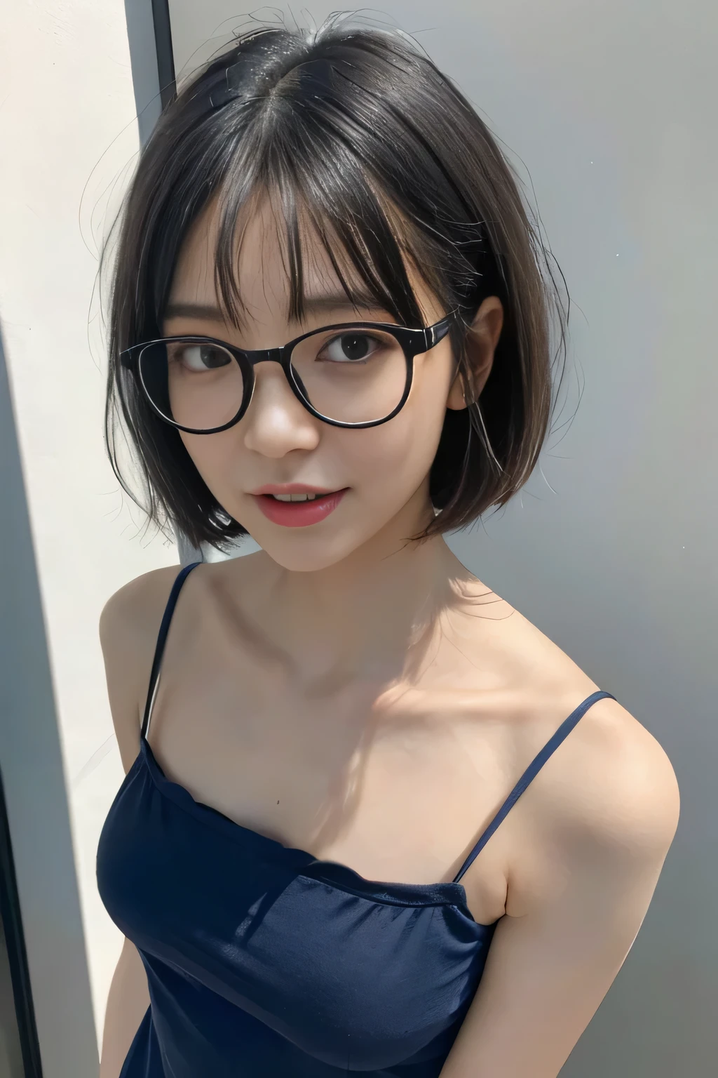 (masterpiece), (8k, Highest quality, High resolution), (Super detailed, Realistic), (Anatomically correct), ((From above)), ((look up)), ((Face close-up)), (Are standing), (((Recall))), (No background), (1 Female), ((View your viewers)), (Show me your back), (Japanese woman, 30 years old、Height: 155cm.), ((Wear a navy blue tunic camisole)), ((Plain camisole.)), (Black Hair), (Straight hair), (Short Hairstyles), ((Bobcut)), (Wearing glasses), (Black square cell glass), ((Laugh out loud)), (Her impression is pure., Clean and friendly.),
