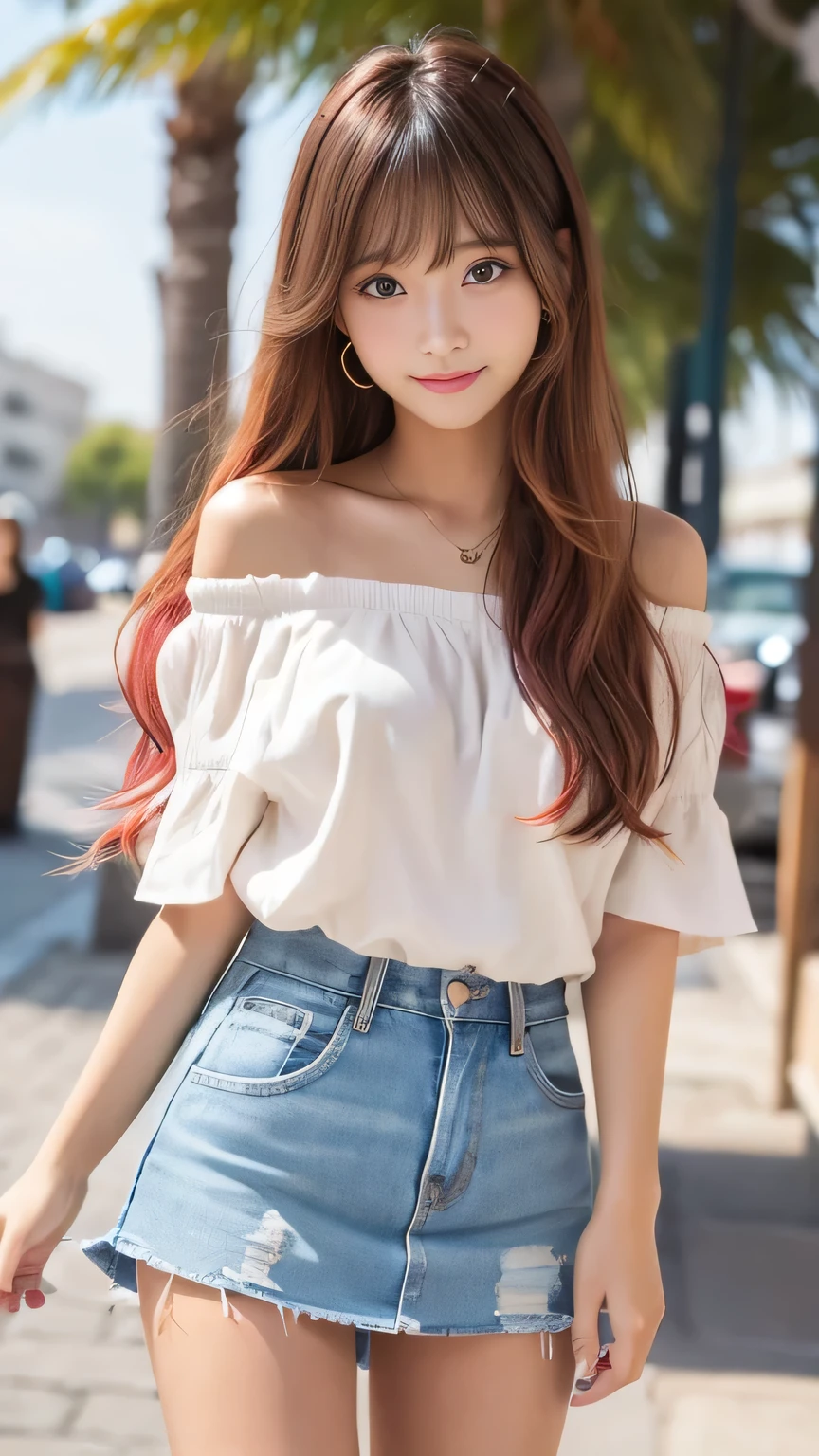 Sunburn marks on tanned skin、blush、smile、Multicolored hair color long long hair,A cute 15-year-old girl with a cute look, A strong wind blows my hair in front of my face、Beautiful big sparkling eyes, Cute eyes hidden by long bangs、Yawn、No visible nasolabial folds、A short, light-colored miniskirt、Multicolored and cute off-shoulder summer shirt、Korean Beauty、Dark blush on the cheeks