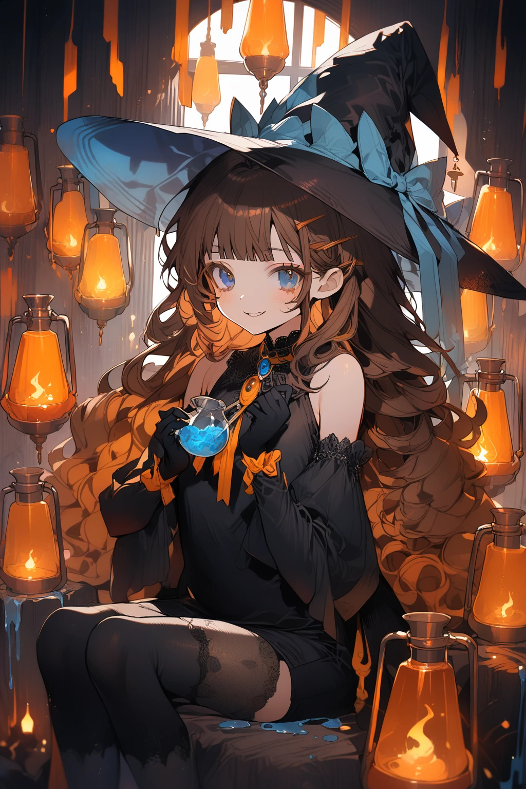 1 girl, CuteStyle, blue eyes, brown hair, long hair with bangs, witch hat, witch costume, bare shoulders, separate sleeves, neckline, neckline, black gloves, short black mini dress, black stockings, bulging skin from stockings, looks at the viewer, sly smile, sly look, indoors, a cauldron with blue liquid, a lot of flasks, orange-blue lighting, dark, specks of dust flying in the air, detailed, beautiful, delicate tones