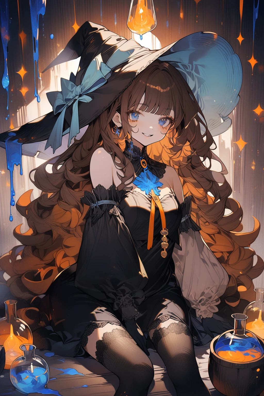 1 girl, CuteStyle, blue eyes, brown hair, long hair with bangs, witch hat, witch costume, bare shoulders, separate sleeves, neckline, neckline, black gloves, short black mini dress, black stockings, bulging skin from stockings, looks at the viewer, sly smile, sly look, indoors, a cauldron with blue liquid, a lot of flasks, orange-blue lighting, dark, specks of dust flying in the air, detailed, beautiful, delicate tones