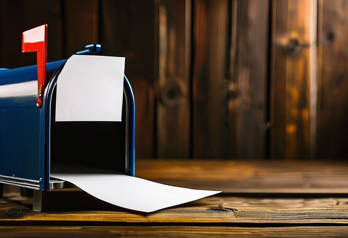 Enhance a deep focus photography scene featuring a letter on a wooden table, with a mailbox in the background. Ensure the details of the letter and the surroundings are richly detailed and visually compelling.