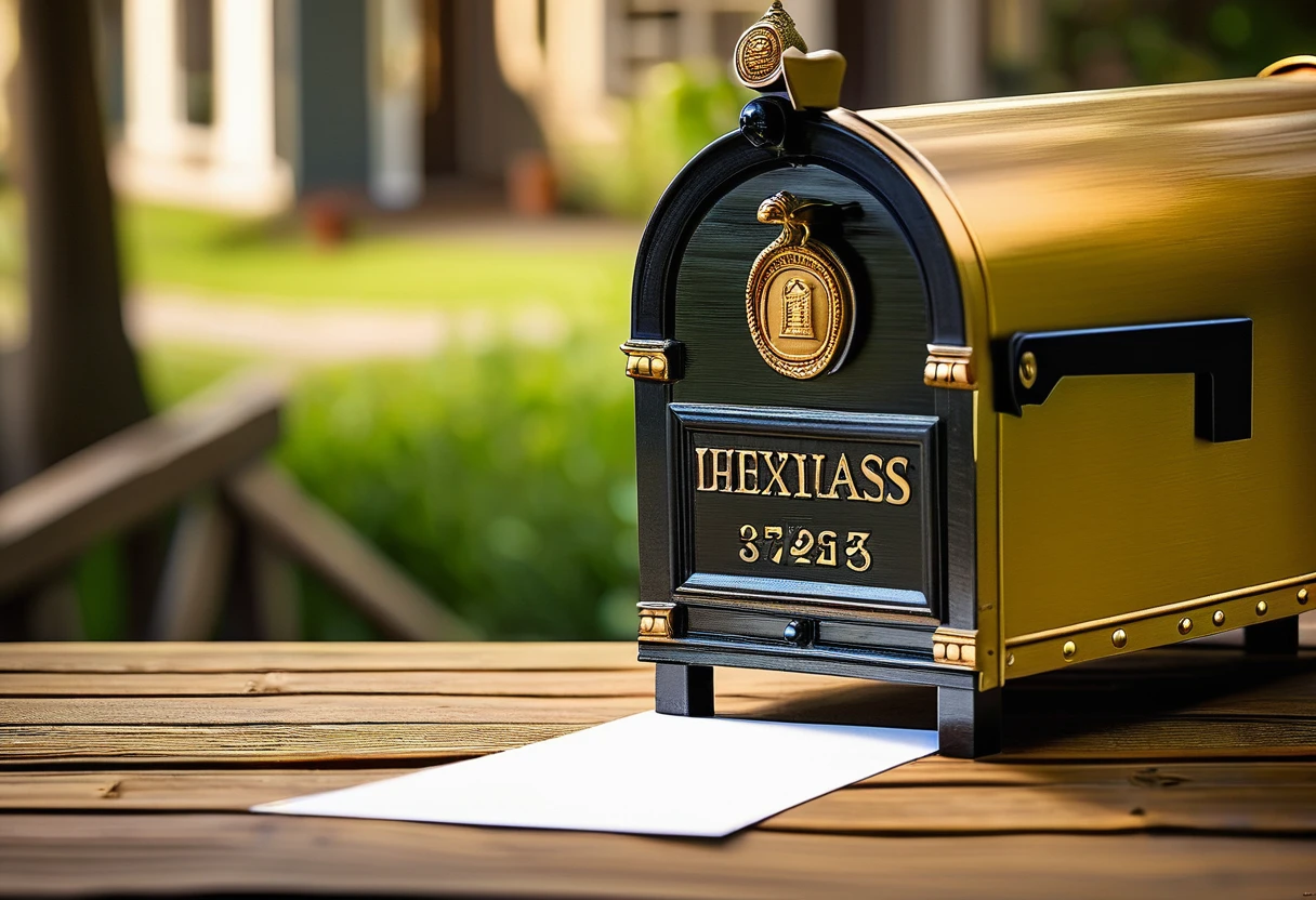 Enhance a deep focus photography scene featuring a letter on a wooden table, with a mailbox in the background. Ensure the details of the letter and the surroundings are richly detailed and visually compelling.