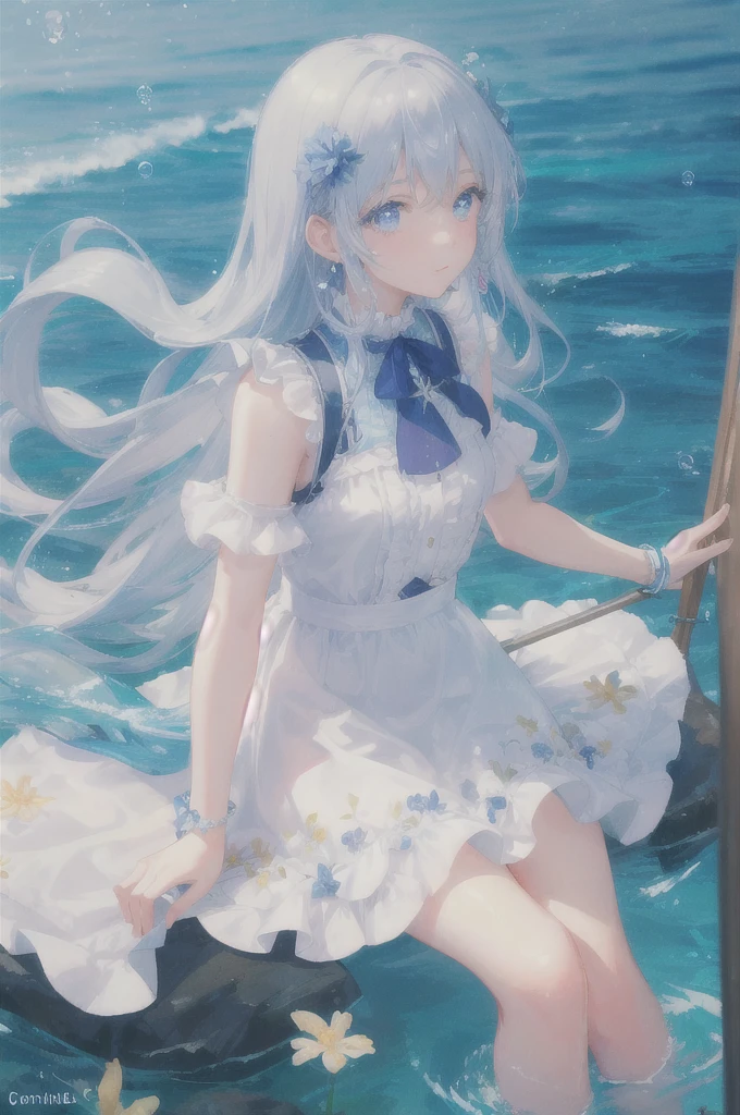 art by Cornflower, dready (A girl with beautiful delicate eyes.) The depth of field in the photo is perfect, and the lens flare adds a nice touch. The delicate detail on her face really stands out, scoring for this photo that is definitely greater than 10. In the background is a beautiful ocean with crystal clear water and water droplets on the surface. This is a stunning photo that really captures the beauty of the girl and the water. )