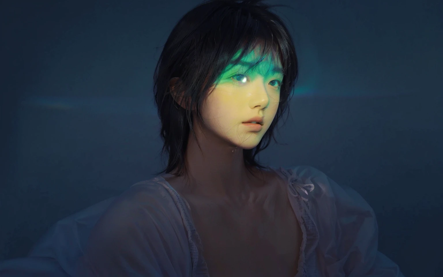 Arav image of a man with rainbow light on his face, Glowing rainbow face, Portrait of an Asian boy, Glowing with color,  He radiates light, Radiant face, Colorful light, glowwave, The face is illuminated, Glossy Digital, Vibrant numbers, Colorful numbers，look up，Profile，((depth of field)),((open and vast place)),telephoto lens,(((close-up))),(chest focus),(((perspective from below))),(simple background),(simple color),((blurry)),(horizon),
 1boy,cool guy,peaceful,((floating short hair)),((((bangs)))),(((soft clean hair))),(((silky skin))) ,((smooth skin)) ,clean body,(clean face),((smooth face)),(natural pretty face),((adam's apple)),((looking up)),((solo)),(teenage),(wind),(chin up),(hopeful),
skin tight open shirt,((see-through)),muscular,((huge chest)),