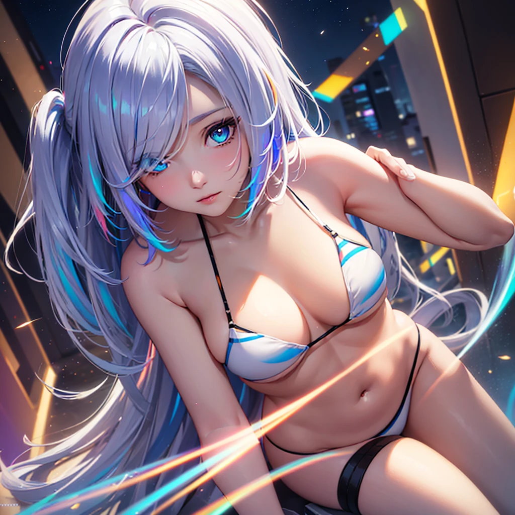 {{masterpiece}}, best quality, extremely detailed CG unity 8k wallpaper, cinematic lighting, lens flare, beautiful detail eyes, black,  side glance,  multicolor short blonde hair, colorful light, particles, heterochromia, (colorful:1.5), (colorful hair:1.5), Wears white bikini, rooftop background,