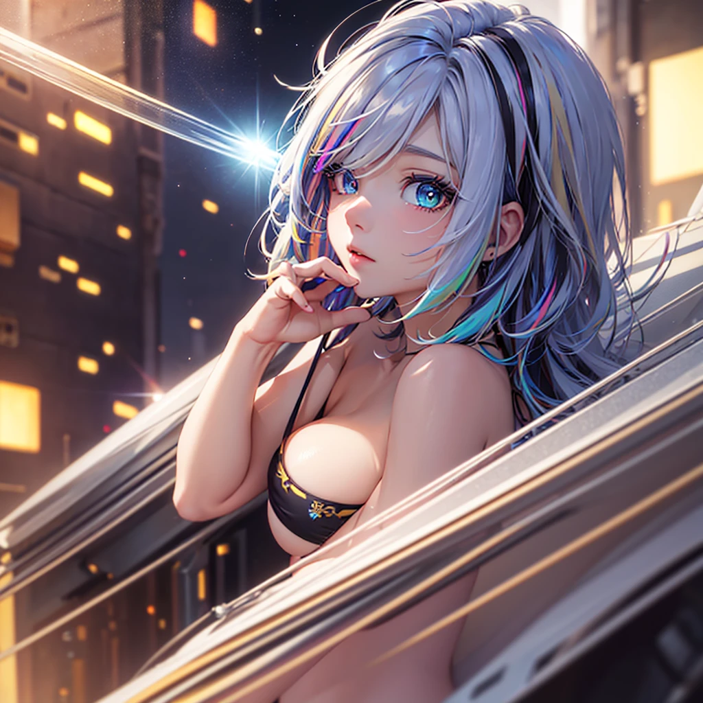 {{masterpiece}}, best quality, extremely detailed CG unity 8k wallpaper, cinematic lighting, lens flare, beautiful detail eyes, black,  side glance,  multicolor short blonde hair, colorful light, particles, heterochromia, (colorful:1.5), (colorful hair:1.5), Wears white bikini, rooftop background,