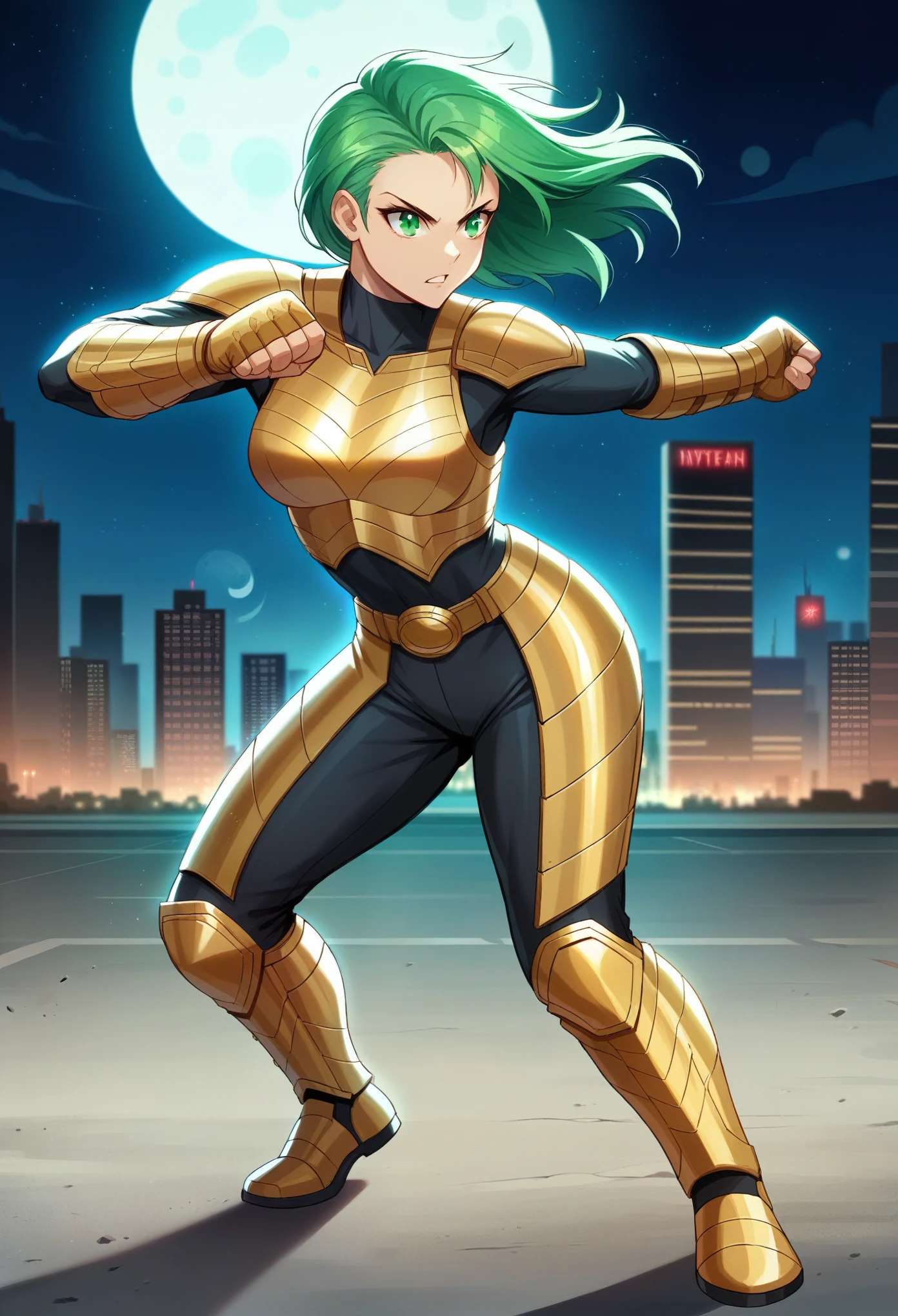 (Masterpiece, 4k resolution, ultra-realistic, very detailed), (Theme of knights of the zodiac, charismatic, there is a girl at the top of the city, wearing a golden gold armor Sagittarius knight, she is a superhero), [ ((20 years), (long green hair:1.2), full body, (green eyes:1.2), ((fighting pose),show of strength), ((sandy urban environment):0.8)| (cityscape, at night, dynamic lights), (full moon))