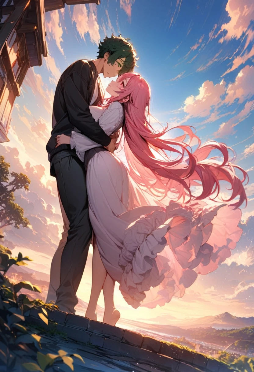 (couple), girl and boy, sky, rich in detail, embrace, happy expression, love, super wide angle, 1girl, (((masterpiece, best quality, scenery, aesthetic, heavenly))), ((girl with red eyes, vibrant pink long hair)), ((intimate)), 1boy, ((boy with green eyes, short black curly hair, slightly taller))