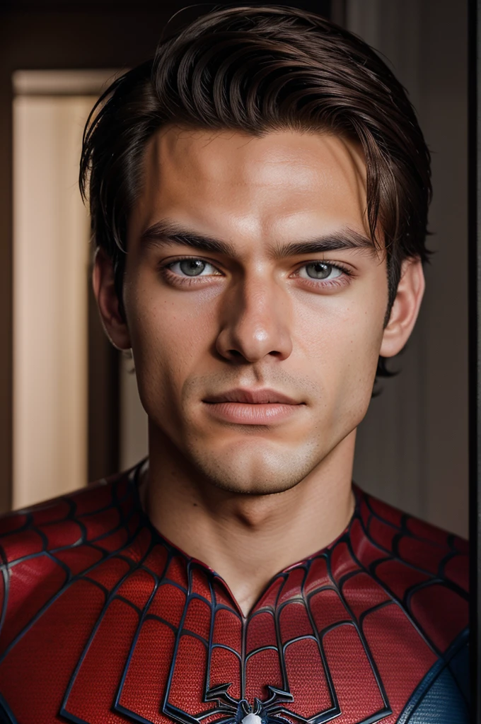 A photograph of spider man, no mask, 20 yo, handsome, detailed face, looking at camera, portrait, 8k uhd, high quality