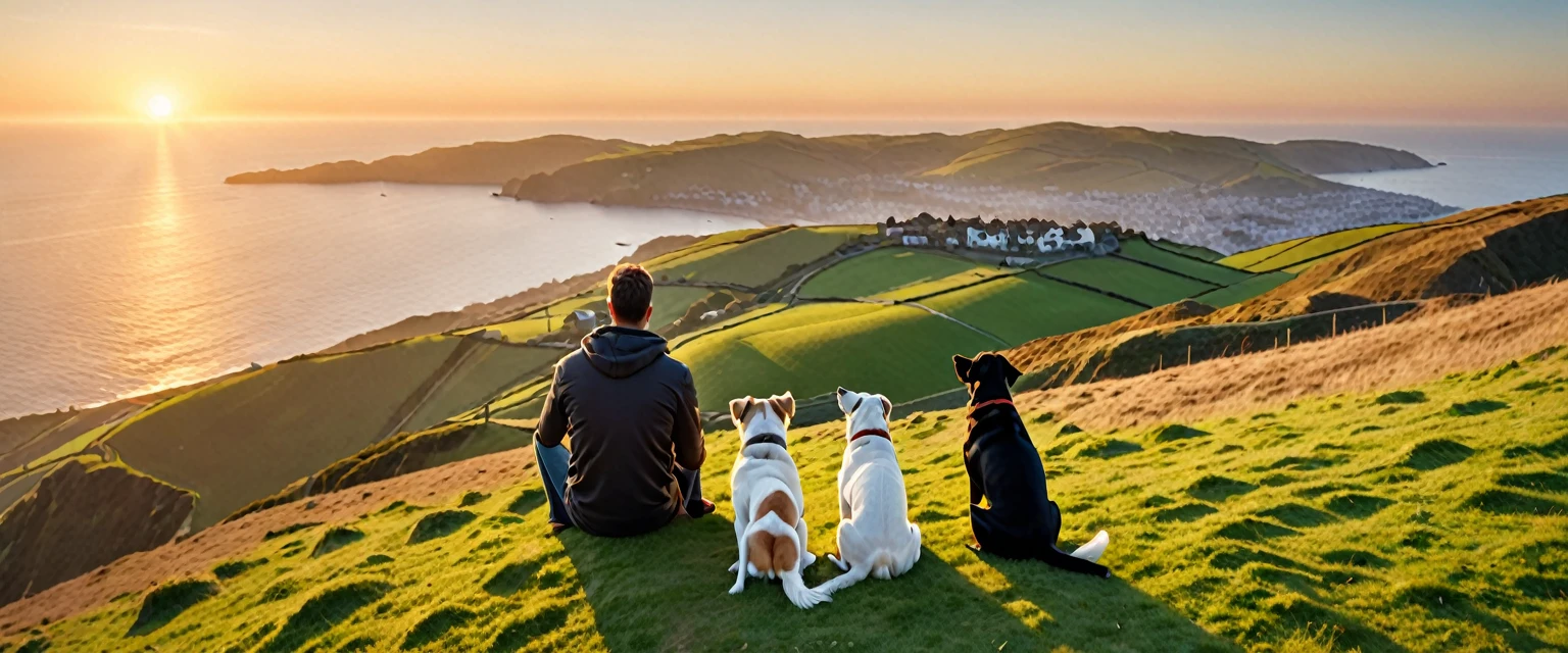 score_9, score_8_up, score_7_up, source_photo, photography, realistic, detailed, 8k, dynamic angle, rating safe, (((ultra wide shot))), Sunrise, a man with a dog sitting on hill, far from sea,