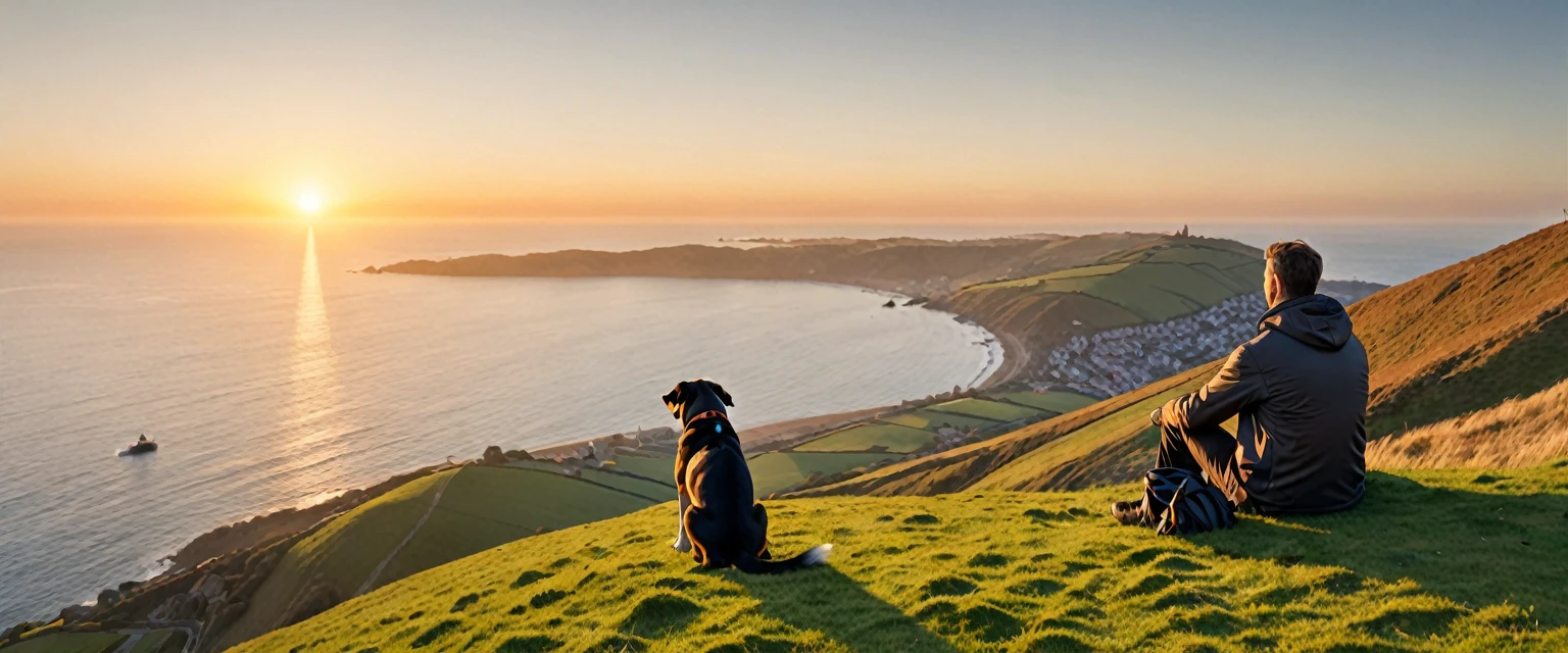 score_9, score_8_up, score_7_up, source_photo, photography, realistic, detailed, 8k, dynamic angle, rating safe, (((ultra wide shot))), Sunrise, a man with a dog sitting on hill, far from sea,