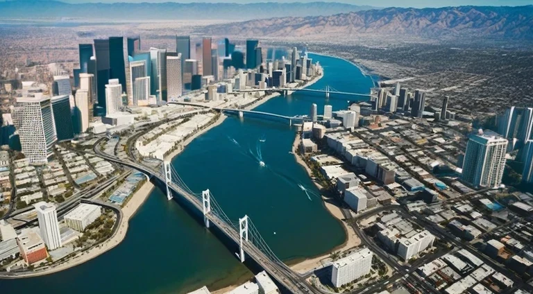 high angle view from above of ((huge a megacity)),huge skyscrapers in the background: different styled (((buildings and houses))). The futuristic high tech Los Angeles city with many skyscrapers, bustling city with intricate details and photorealistic materials.Consistent structure of the buildings, static environment, volumetric lighting, best shadows. Photorealistic Reflections , Realism, Cinematic, Photoreal,natural lights, neutral colors, lomochrome, Panavision 70s movie styled in color, celluloid, uhd, hdr, 4k, 35mm film