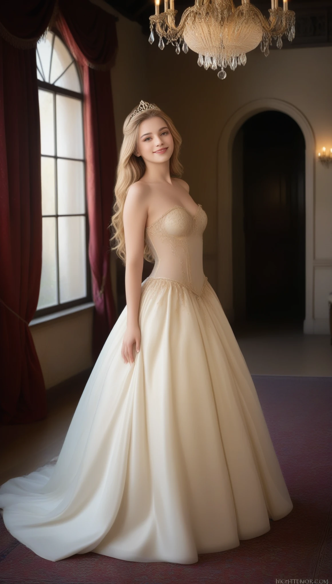 princess, blissful languor, dreamy gaze, beautifully adorned gown, enchanting castle, golden tiara, flowing golden hair, sparkling eyes, starry night sky, soft candlelight, dancing shadows, whispered secrets, romantic atmosphere, gentle breeze, rustling leaves, fragrant roses, intricate tapestries, shimmering moonlight, sparkling stars, mesmerizing enchantment, ethereal beauty, luxurious velvet cushions, delicate lace curtains, silken pillows, majestic chandelier, dimly lit corridors, whispering echoes, antique furniture, splendid ballroom, exquisite ball gown, dancing with grace, inviting smile, enchanted waltz, dashing Prince Charming, heartfelt connection, magical midnight fantasy, pure love, forever after, (best quality, 4k, 8k, highres, masterpiece:1.2), ultra-detailed,(realistic, photorealistic, photo-realistic:1.37), soft pastel colors, warm golden lighting