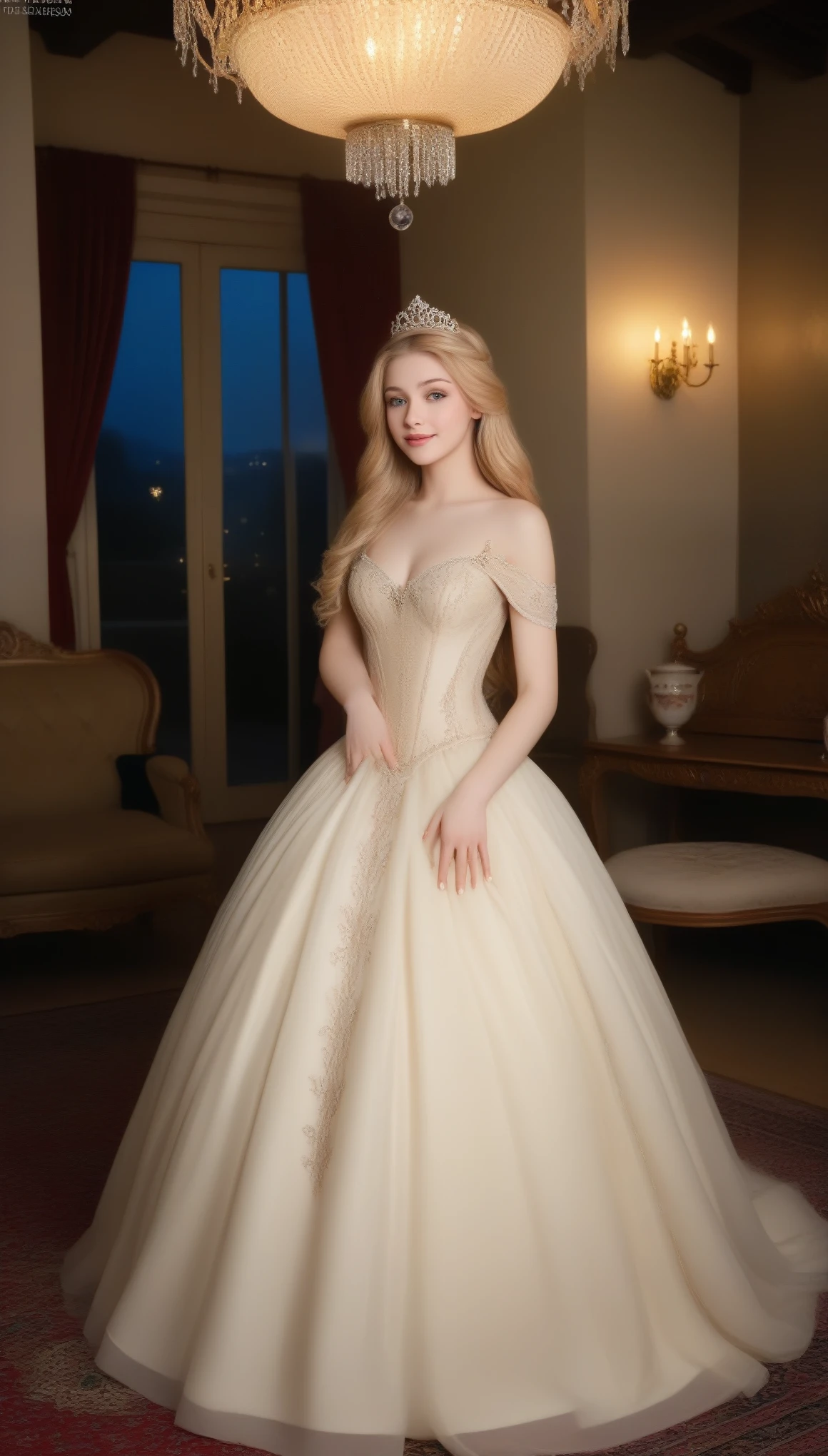 princess, blissful languor, dreamy gaze, beautifully adorned gown, enchanting castle, golden tiara, flowing golden hair, sparkling eyes, starry night sky, soft candlelight, dancing shadows, whispered secrets, romantic atmosphere, gentle breeze, rustling leaves, fragrant roses, intricate tapestries, shimmering moonlight, sparkling stars, mesmerizing enchantment, ethereal beauty, luxurious velvet cushions, delicate lace curtains, silken pillows, majestic chandelier, dimly lit corridors, whispering echoes, antique furniture, splendid ballroom, exquisite ball gown, dancing with grace, inviting smile, enchanted waltz, dashing Prince Charming, heartfelt connection, magical midnight fantasy, pure love, forever after, (best quality, 4k, 8k, highres, masterpiece:1.2), ultra-detailed,(realistic, photorealistic, photo-realistic:1.37), soft pastel colors, warm golden lighting