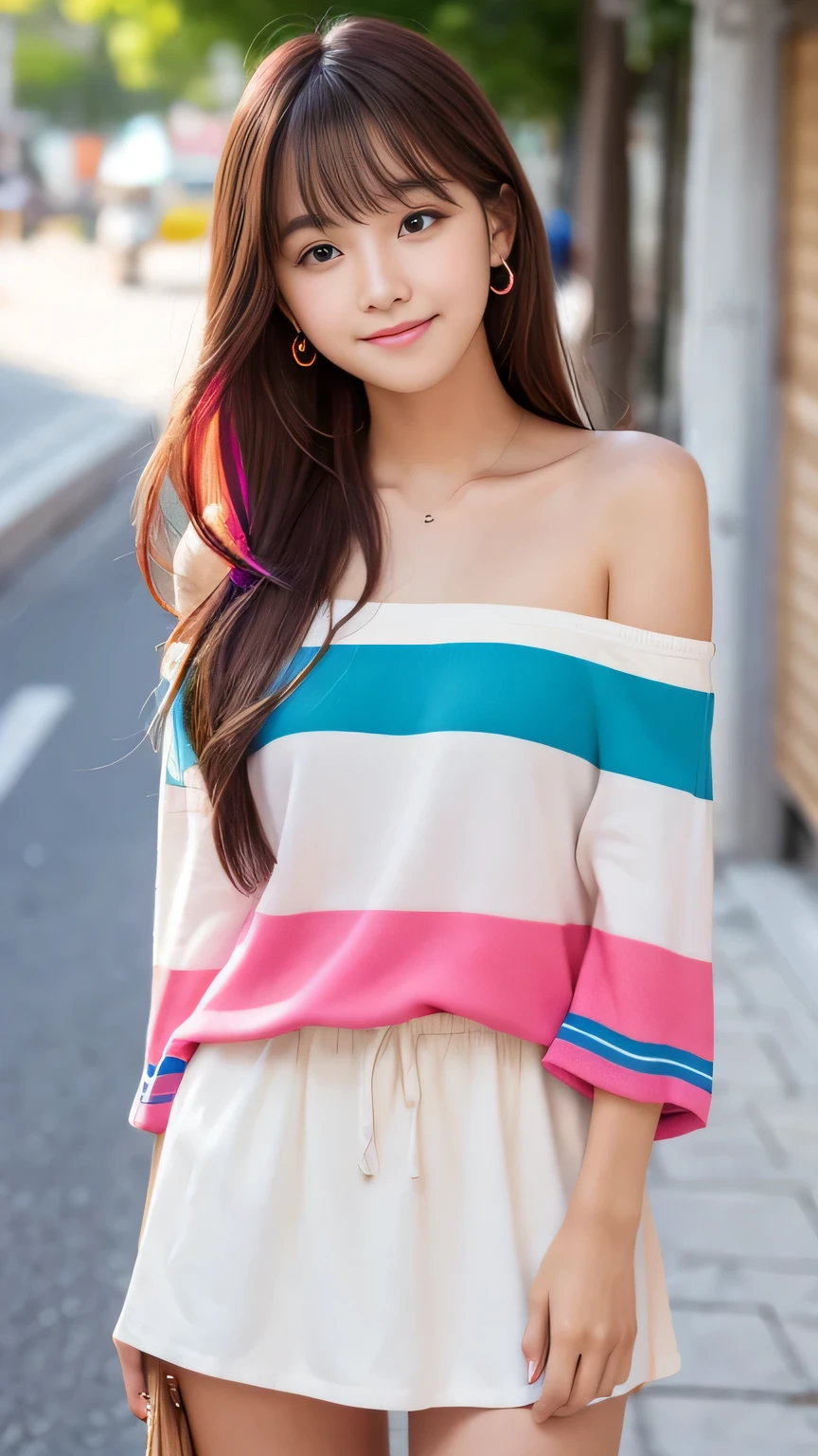Sunburn marks on tanned skin、blush、smile、Multicolored hair color long long hair,A cute 15-year-old girl with a cute look, A strong wind blows my hair in front of my face、Beautiful big sparkling eyes, Cute eyes hidden by long bangs、Yawn、No visible nasolabial folds、A short, light-colored miniskirt、Multicolored and cute off-shoulder summer shirt、Korean Beauty、Dark blush on the cheeks