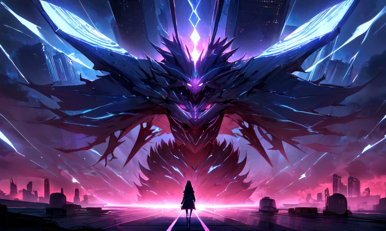 ((masterpiece, Highest quality, Best image quality, High resolution))Giant lion demon、Six sharp eyes、Shimmering Mane、 Glowing blue eyes and advanced cybernetic enhancements. Giant lion demonはダイナミックなアクションポーズで見られます, Neon-lit rooftop, reflection on a smooth surface. The cityscape below is filled with towering skyscrapers., Shining with blue energy, Mighty power.Great figure、 The overall atmosphere is dark and mysterious., It had a futuristic techno vibe.. The lighting is dramatic, Intense highlights and deep shadows, Creates depth and tension. Color Palette、Dark clouds gather in the sky、