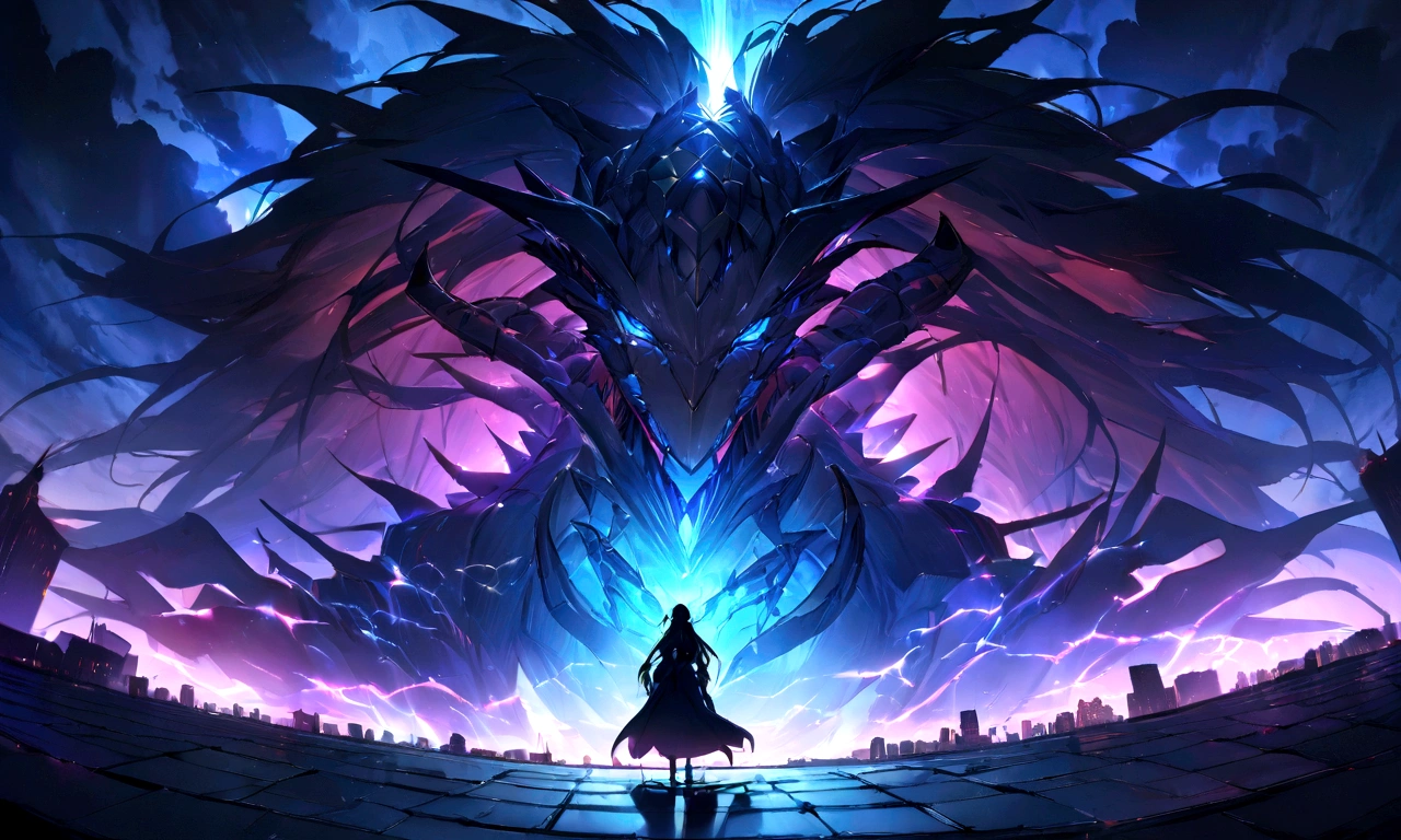 ((masterpiece, Highest quality, Best image quality, High resolution))Giant lion demon、Six sharp eyes、Shimmering Mane、 Glowing blue eyes and advanced cybernetic enhancements. Giant lion demonはダイナミックなアクションポーズで見られます, Neon-lit rooftop, reflection on a smooth surface. The cityscape below is filled with towering skyscrapers., Shining with blue energy, Mighty power.Great figure、 The overall atmosphere is dark and mysterious., It had a futuristic techno vibe.. The lighting is dramatic, Intense highlights and deep shadows, Creates depth and tension. Color Palette、Dark clouds gather in the sky、