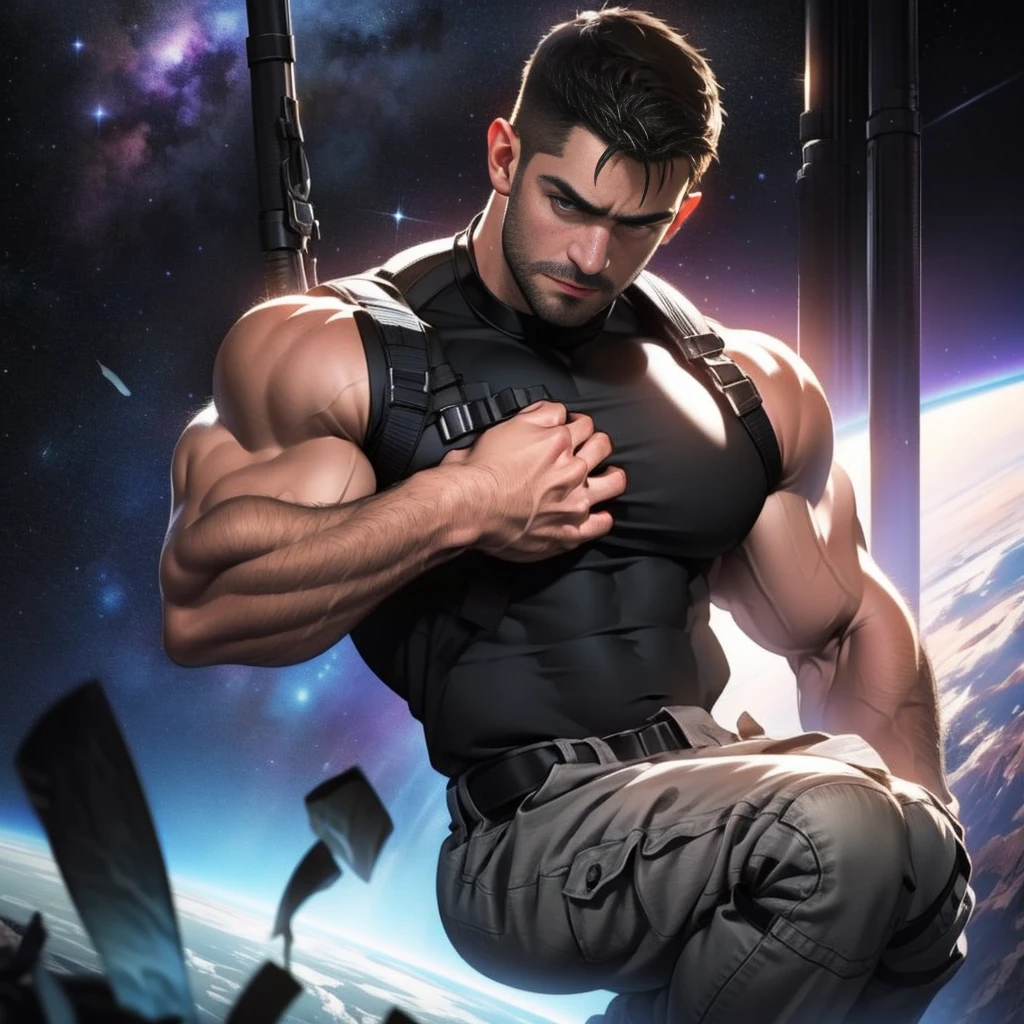 An award-winning original photo , Chris REDFIELD , A wild muscular man, (30 years old man:1.3), a black TOP , NAKED FROM WAIST DOWN , black hair, (big shoulder), muscular, hunk, stubbles, Short beard, SHOWING HIS ERECTED COCK, MASTURBATING . LOOKING AT THE CAMERA (Detailed face:1.3), (beautiful eyes:1.2), really angry, Dynamic Angle, volumetric lighting, (Best quality, A high resolution, Photorealistic), Cinematic lighting, Masterpiece, RAW photo, Intricate details, hdr, depth of field, full body shot, in space background