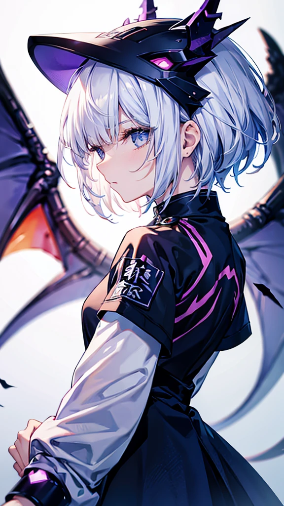 profile background, anime girl, serious face, fringe, short white hair, eyes purple, martial arts clothing, high-res portrait, detailed eyes and face, character, fantasy, with a blue dragon behind, advanced urban, looking from behind at viewer, 4K, high resolution
