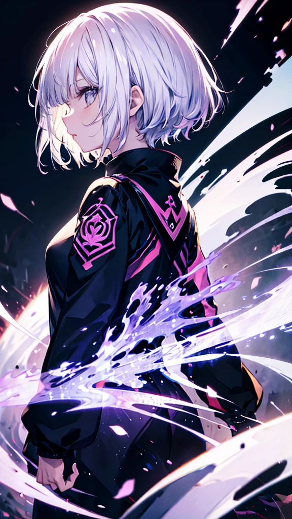 profile background, anime girl, serious face, fringe, short white hair, eyes purple, student clothing, high-res portrait, detailed eyes and face, character, fantasy, with a blue dragon behind, advanced urban, looking from behind at viewer, 4K, high resolution
