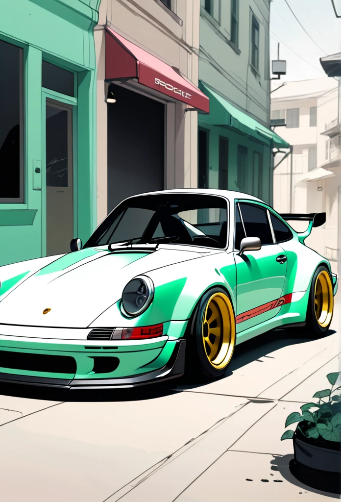 A Porsche 911 rwb， Minimalist, Disjointed,Editor， illustration ，mint and Dark beige 