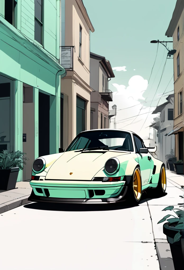 A Porsche 911 rwb, Minimalist, Disjointed,Editor, illustration ,mint and Dark beige