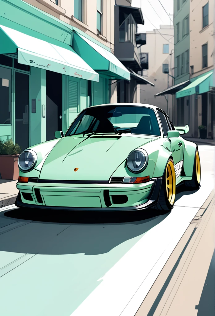 A Porsche 911 rwb, Minimalist, Disjointed,Editor, illustration ,mint and Dark beige
