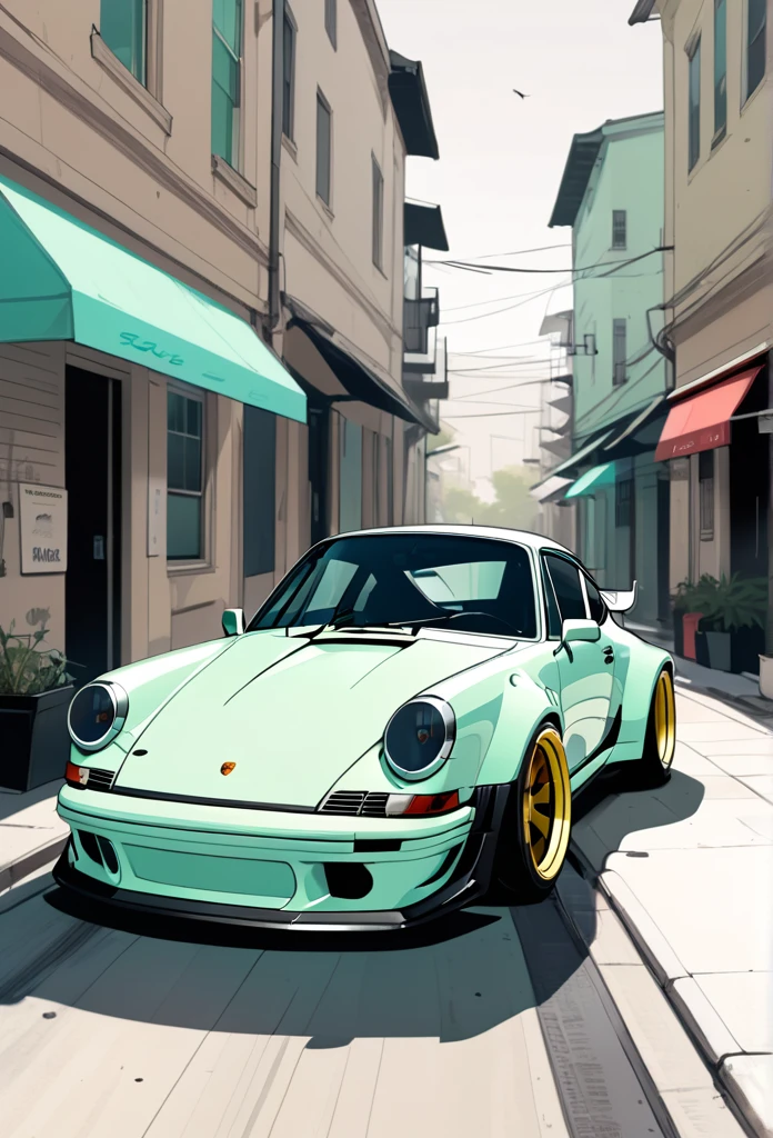 A Porsche 911 rwb, Minimalist, Disjointed,Editor, illustration ,mint and Dark beige