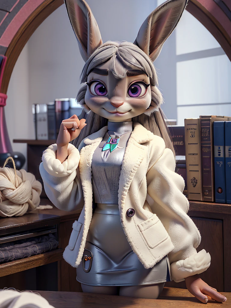 best quality,
masterpiece,
High quality
ultra-detailed
beautiful detailed,
hyper Realistic,
8k , 16k,
3D,
Portrait,
Looking at the audience,
detailed background,
background is an office,

(Face is JudyHopps:1.4),
((long straight hair)),
(see-through bangs:1.3),
beautiful eyes,
bright purple eyes,
(arched eyebrows:1.2),
(uplift eyebrows:1.1),
(rabbit ears:1.1),

(outfit is made of wool:1.4), 
(((body is made of wool fabric)))
(((body is gray with fluffy and fluffy))),
(((skin is wool fabric with fluffy and fluffy))),

office lady is wearing suit,
((White blouse)),
((Black blazer jacket)),
((Black skirt)),
clothes made of cotton,

(solo:1.5),
(1 lady:1.5),
one character only
alone,
Perfect Anatomy