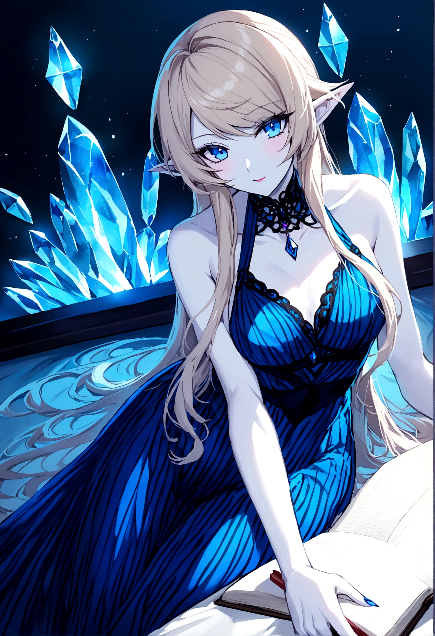 A moon elf (greatly resembling Paris Hilton age 25, waist length hair, pale skin, crystal blue eyes, spider silk sheer evening gown) is flirting and studying the viewer, moonlit glade