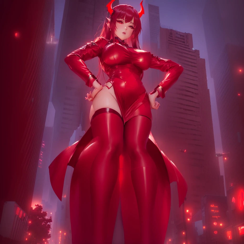 anime girl in a red costume with horns and stockings standing in the middle of a city, demon anime girl, Thick, mica demon, full body devil woman, succubus in short tight dress, artistically gigantic, strongest pose, oppai, Very sexy devil costume, female action anime girl