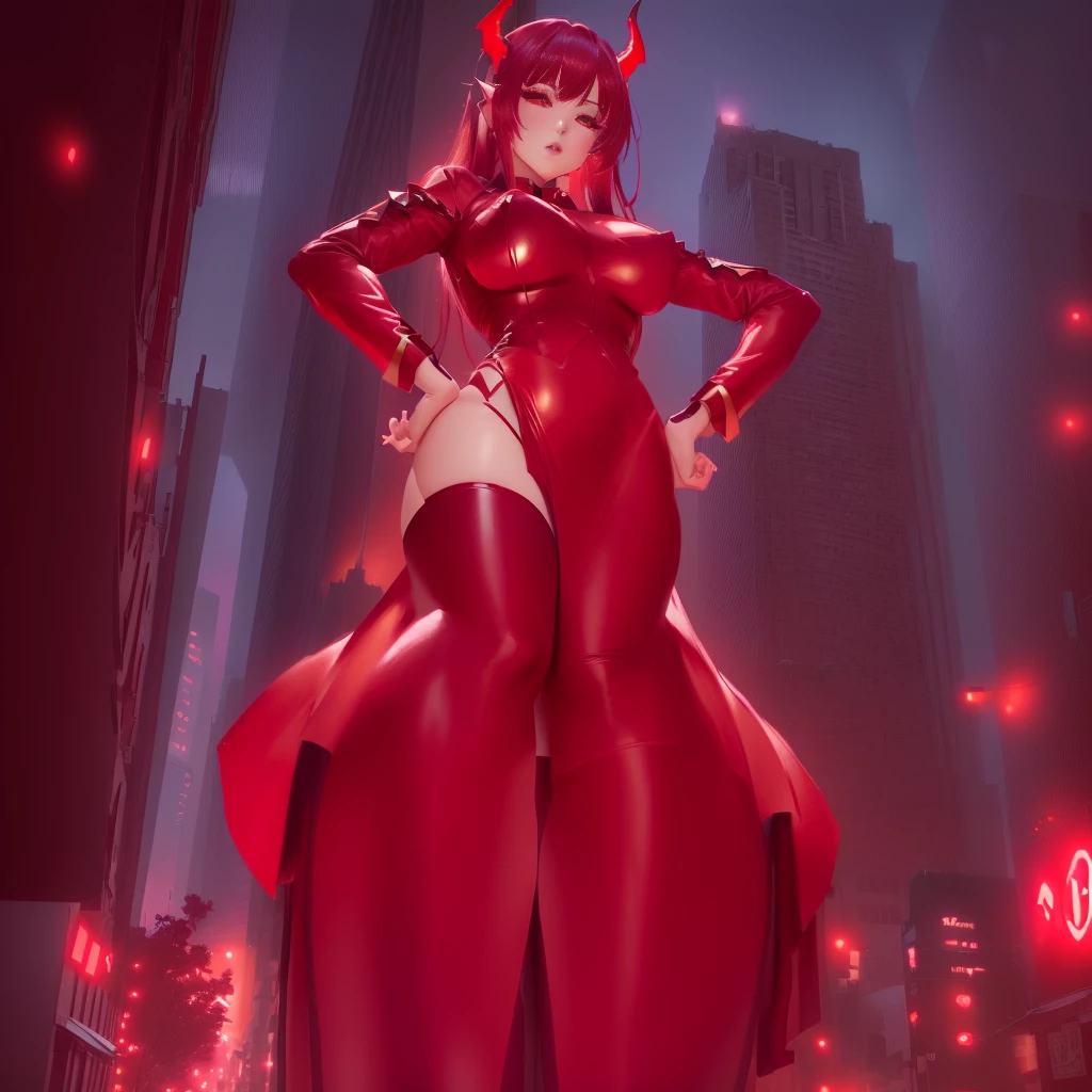 anime girl in a red costume with horns and stockings standing in the middle of a city, demon anime girl, Thick, mica demon, full body devil woman, succubus in short tight dress, artistically gigantic, strongest pose, oppai, Very sexy devil costume, female action anime girl