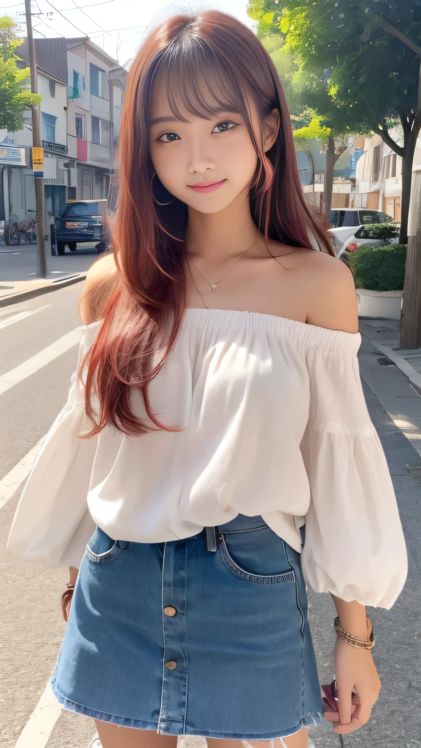 Sunburn marks on tanned skin、blush、smile、Multicolored hair color long long hair,A cute -yeld giwith a cute look, A strong wind blows my hair in front of my face、Beautiful big sparkling eyes, Cute eyes hidden by long bangs、Yawn、No visible nasolabial folds、A short, light-colored miniskirt、Multicolored and cute off-shoulder summer shirt、Korean Beauty、Dark blush on the cheeks
