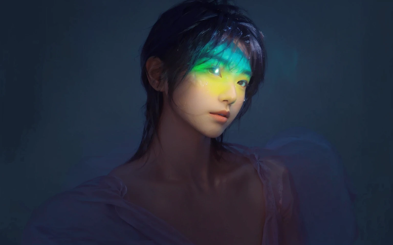Arav image of a man with rainbow light on his face, Glowing rainbow face, Portrait of an Asian boy, Glowing with color, He radiates light, Radiant face, Colorful light, glowwave, The face is illuminated, Glossy Digital, Vibrant numbers, Colorful numbers,look up,Profile,((depth of field)),((open and vast place)),telephoto lens,(((close-up))),(chest focus),(((perspective from below))),(simple background),(simple color),((blurry)),(horizon),
1boy,cool guy,peaceful,((floating short hair)),((((bangs)))),(((soft clean hair))),(((silky skin))) ,((smooth skin)) ,clean body,(clean face),((smooth face)),(natural pretty face),((adam's apple)),((looking up)),((solo)),(age),(wind),(chin up),(hopeful),
skin tight open shirt,((see-through)),muscular,((huge chest)),