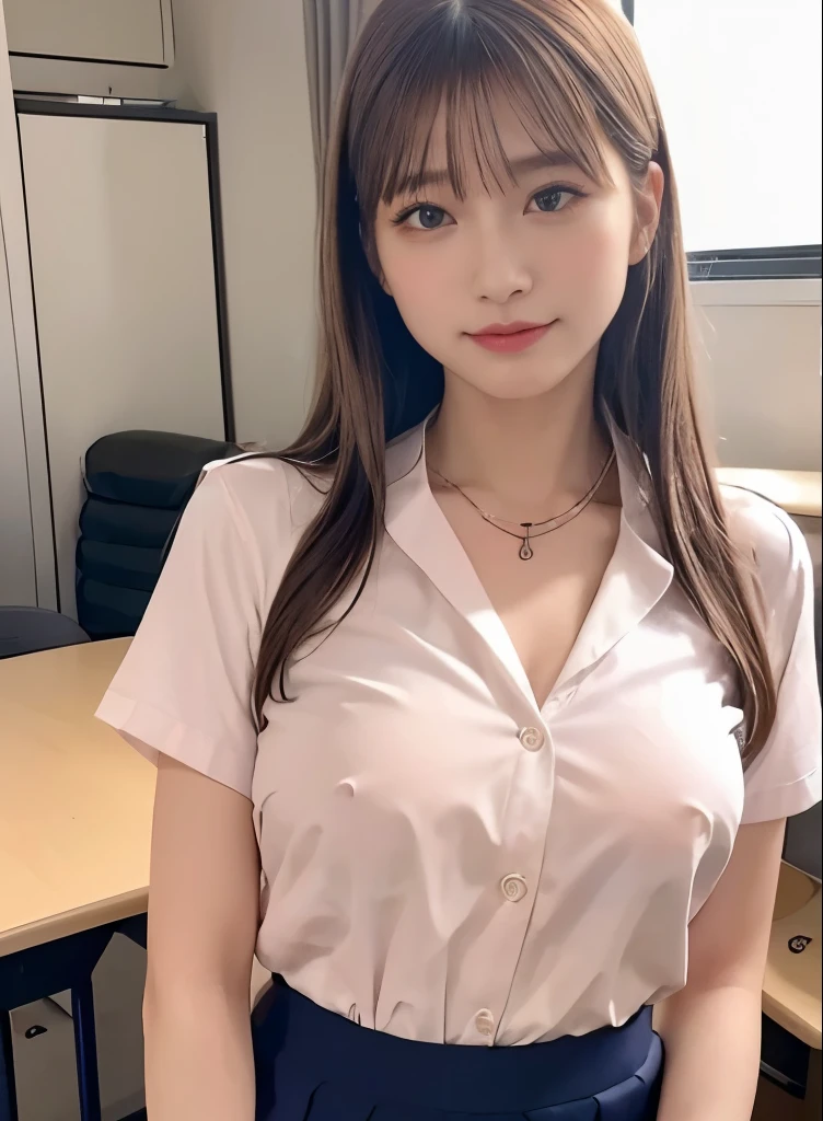 (8K, RAW Photos, Highest quality, masterpiece, Realistic, Realistic), (1 female), (Ultimate beauty), 20-year-old, Highly detailed face, Uniform detail, eyelash, Fascinating face, Lip details, Big Breasts, nakedの彼女, Cowboy Shot,night,classroom,naked,M-shaped legs、Spread your legs、on the desk、A scene from a movie、Spread your legs、Detailed genitals、、Uniform skirt、Uniform that shows the chest、necklace、I can see your chest、Detailed chest、Pink areola